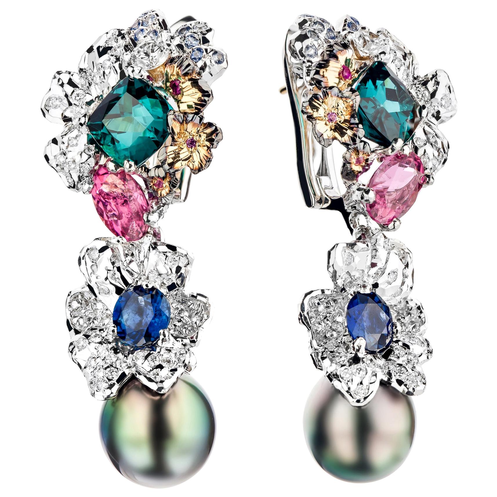 Moiseikin 18k Gold Diamond Indigo Tourmaline Sapphire Pearl Cocktail Earrings For Sale