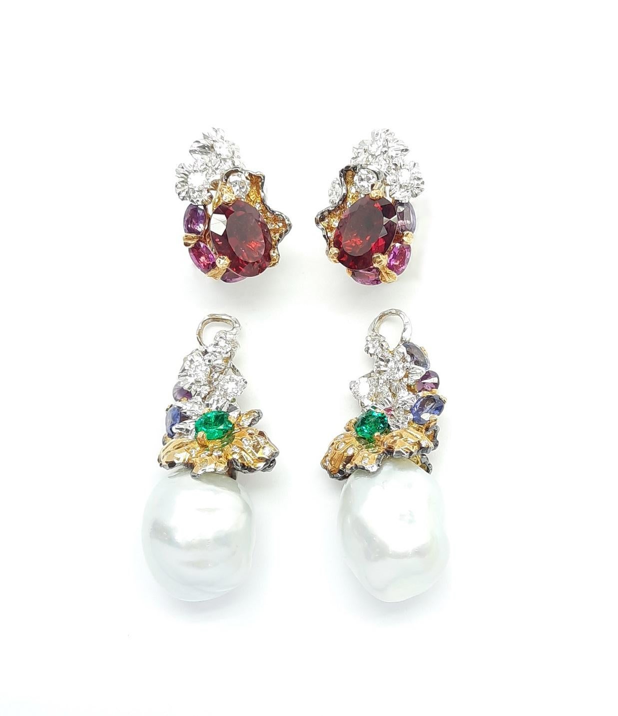 Moiseikin 18 Karat Gold Diamant Perle Smaragd Rubellit Transformierte Ohrringe (Zeitgenössisch) im Angebot