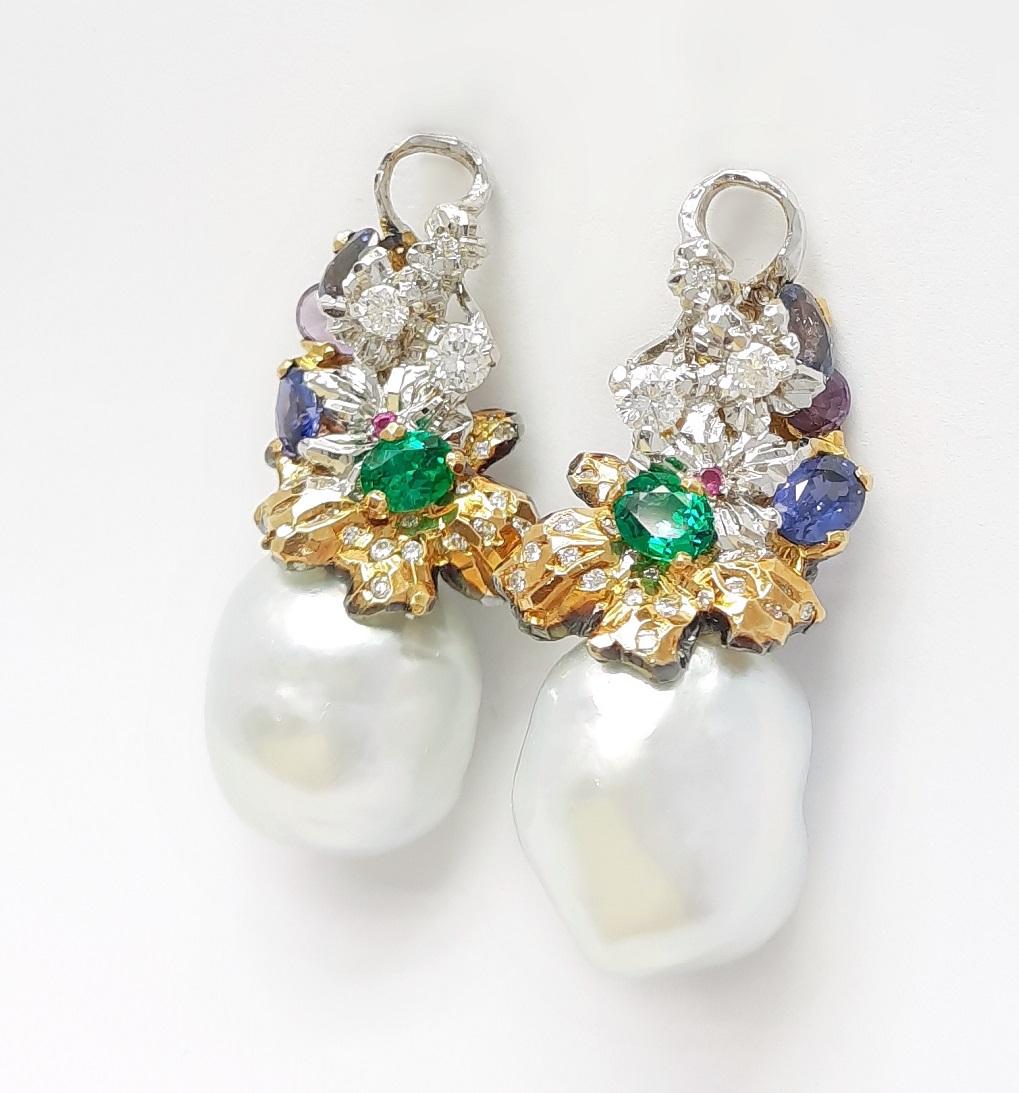 Emerald Cut Moiseikin 18 Karat Gold Diamond Pearl Emerald Rubellite Transforming Earrings For Sale