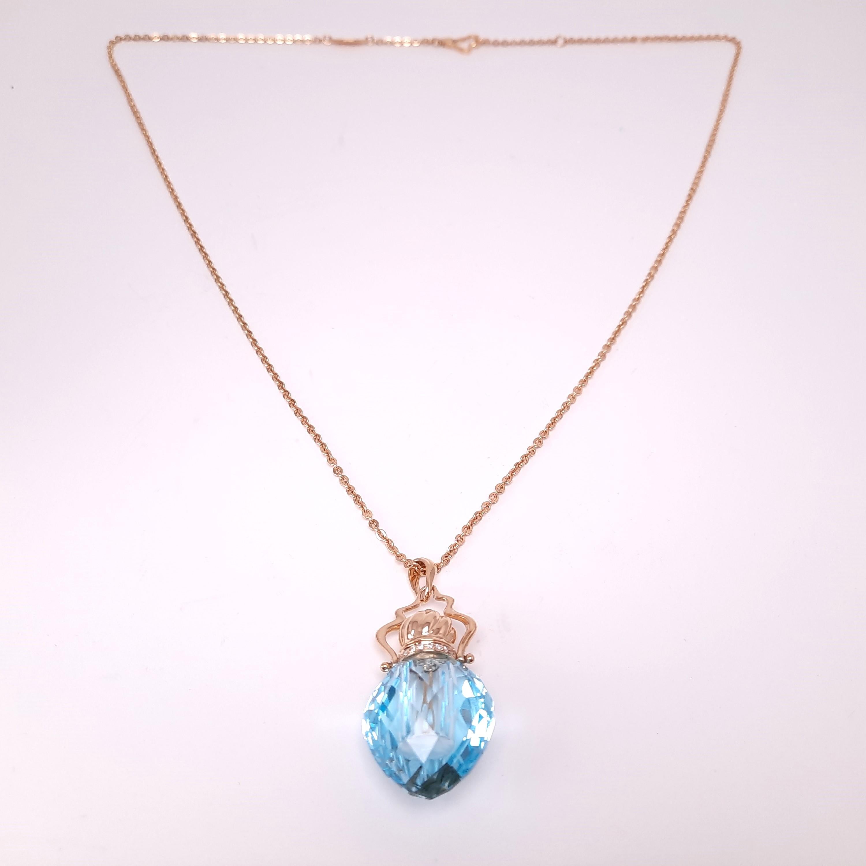 MOISEIKIN® invites you to a unique opportunity to keep your favourite scents at the very heart. Inspired by an ancient tradition, this precious pendant necklace has an elegant perfume bottle. The sky blue topaz is specially carved in multi-facet and