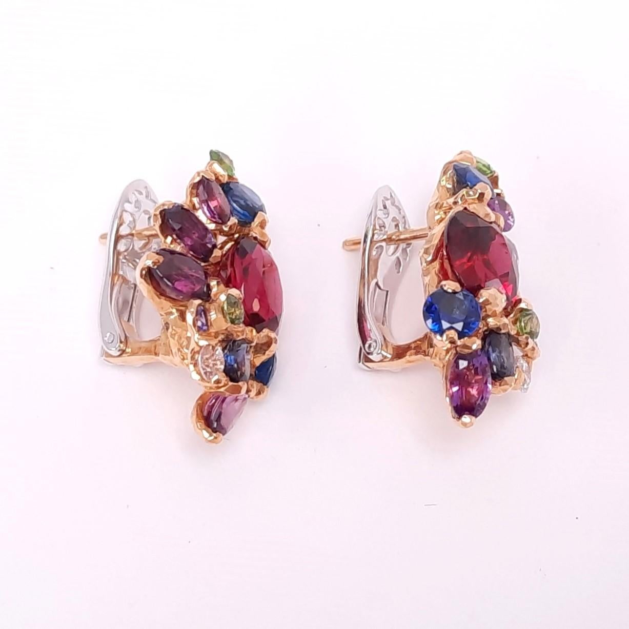 Contemporary MOISEIKIN 18K Gold Handmade Rubellite Fancy Sapphires Fashion Earrings For Sale