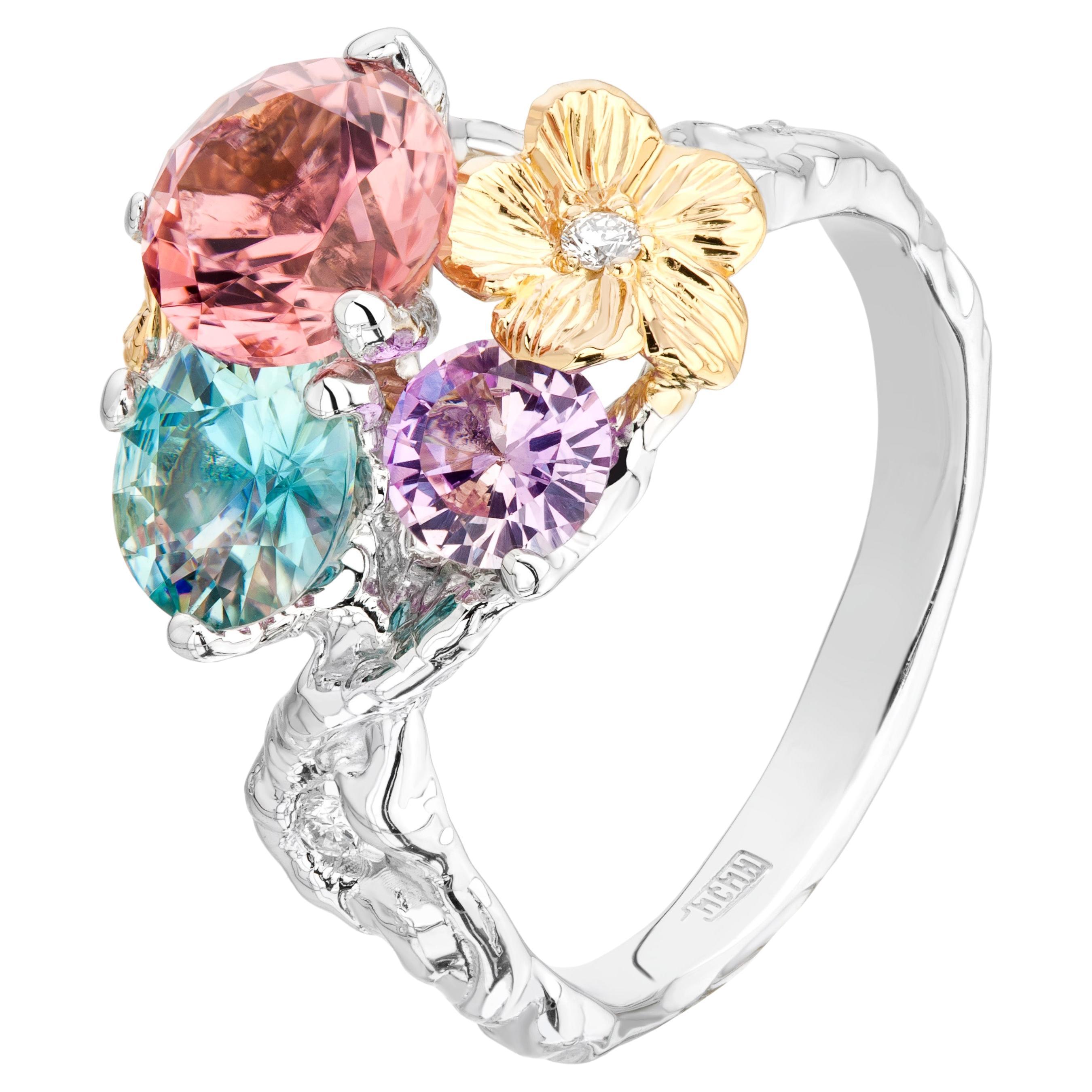 MOISEIKIN 18K Gold Handmade Sapphire Zircon floral fashion ring For Sale