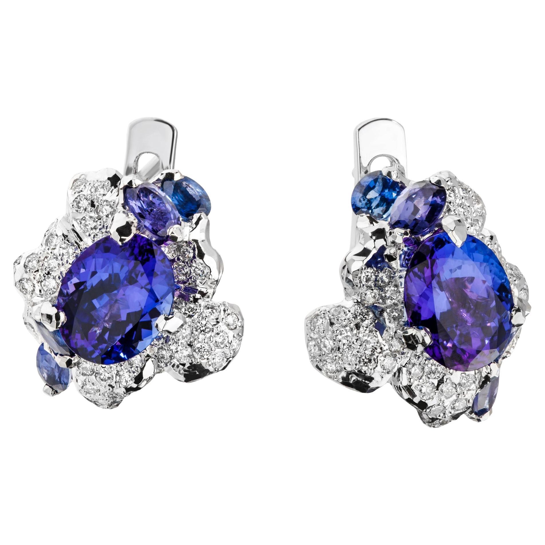 MOISEIKIN 18K Gold Handmade Tanzanite Diamond Earrings For Sale