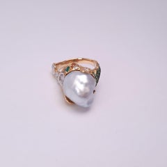 Moiseikin 18k Gold Keshi Pearl Diamond Emerald Demantoid Handmade Ring