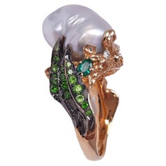 Moiseikin 18k Gold Keshi Pearl Diamond Emerald Demantoid Handmade Ring