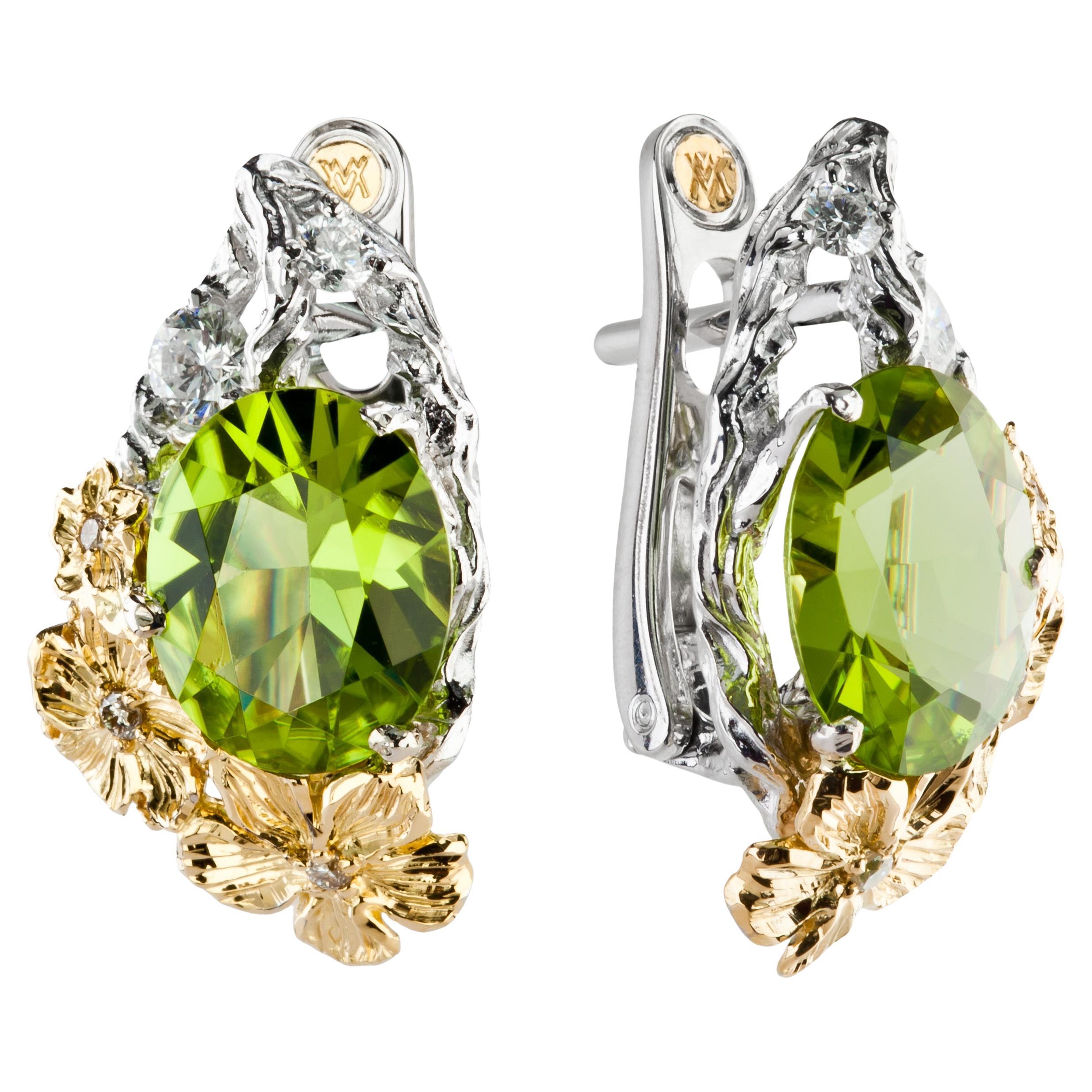 MOISEIKIN 18K Gold Peridot Diamond Floral Earrings For Sale