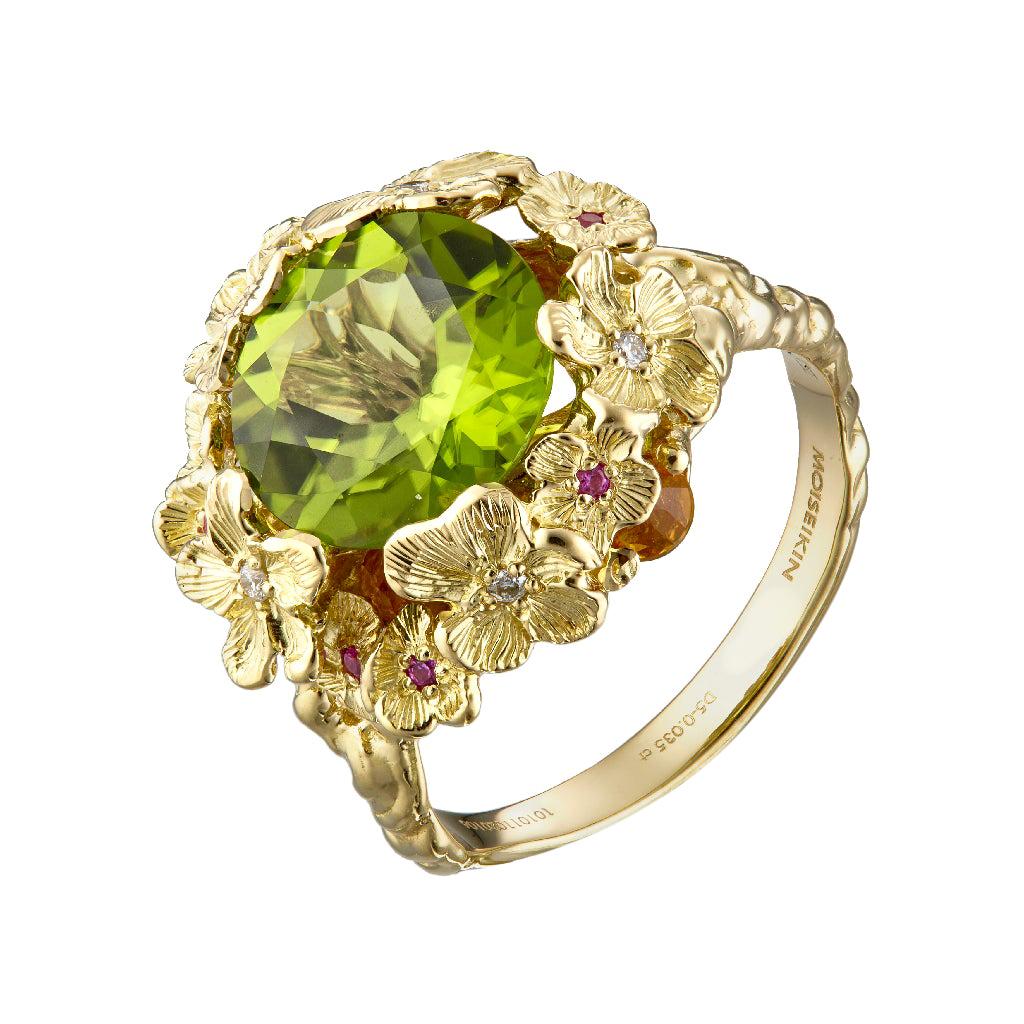 Moiseikin 18K Gold Peridot Diamond Floral Fashion Ring For Sale