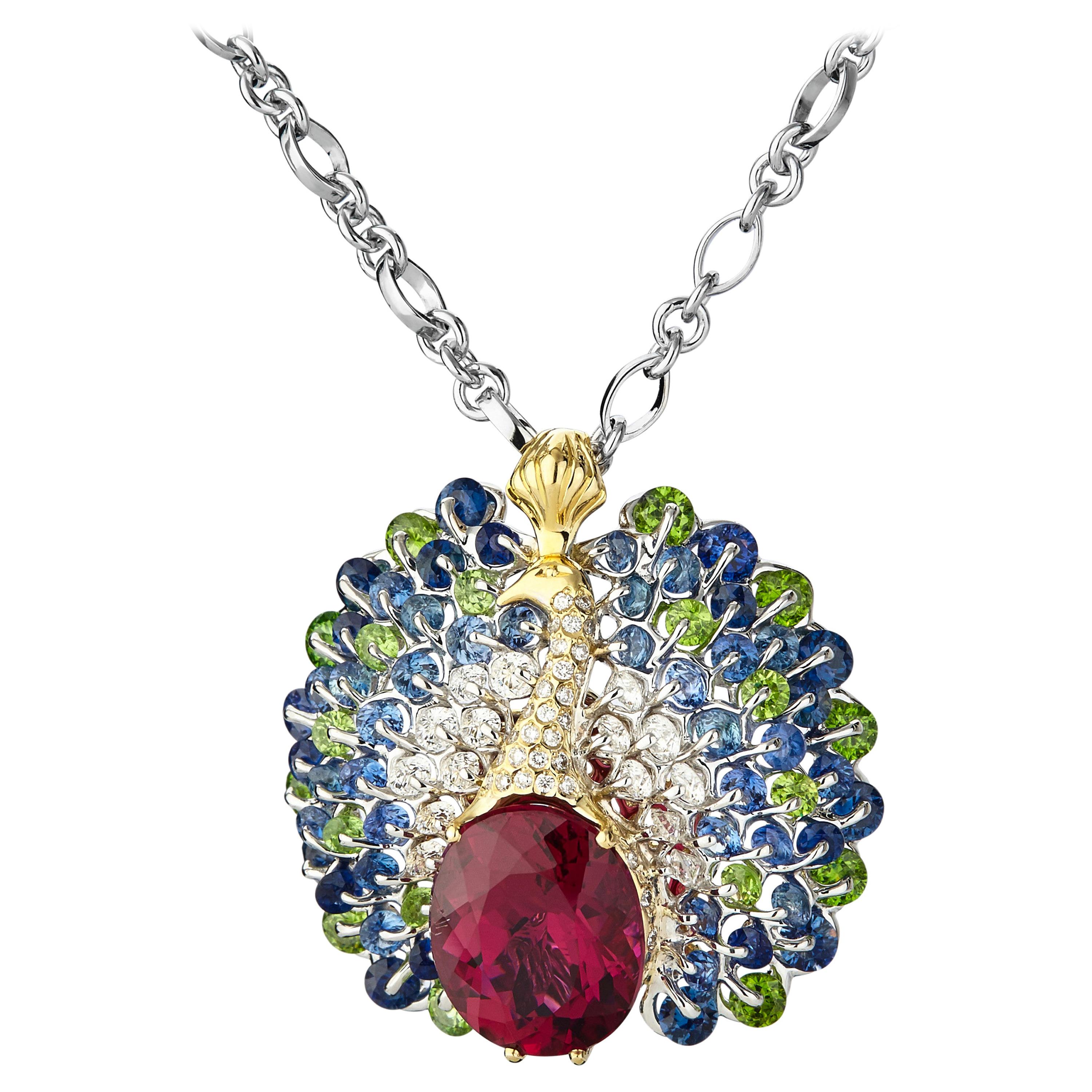 Moiseikin 18k Gold Rubellite Diamond Sapphire Demantoid Peacock Pendant Necklace