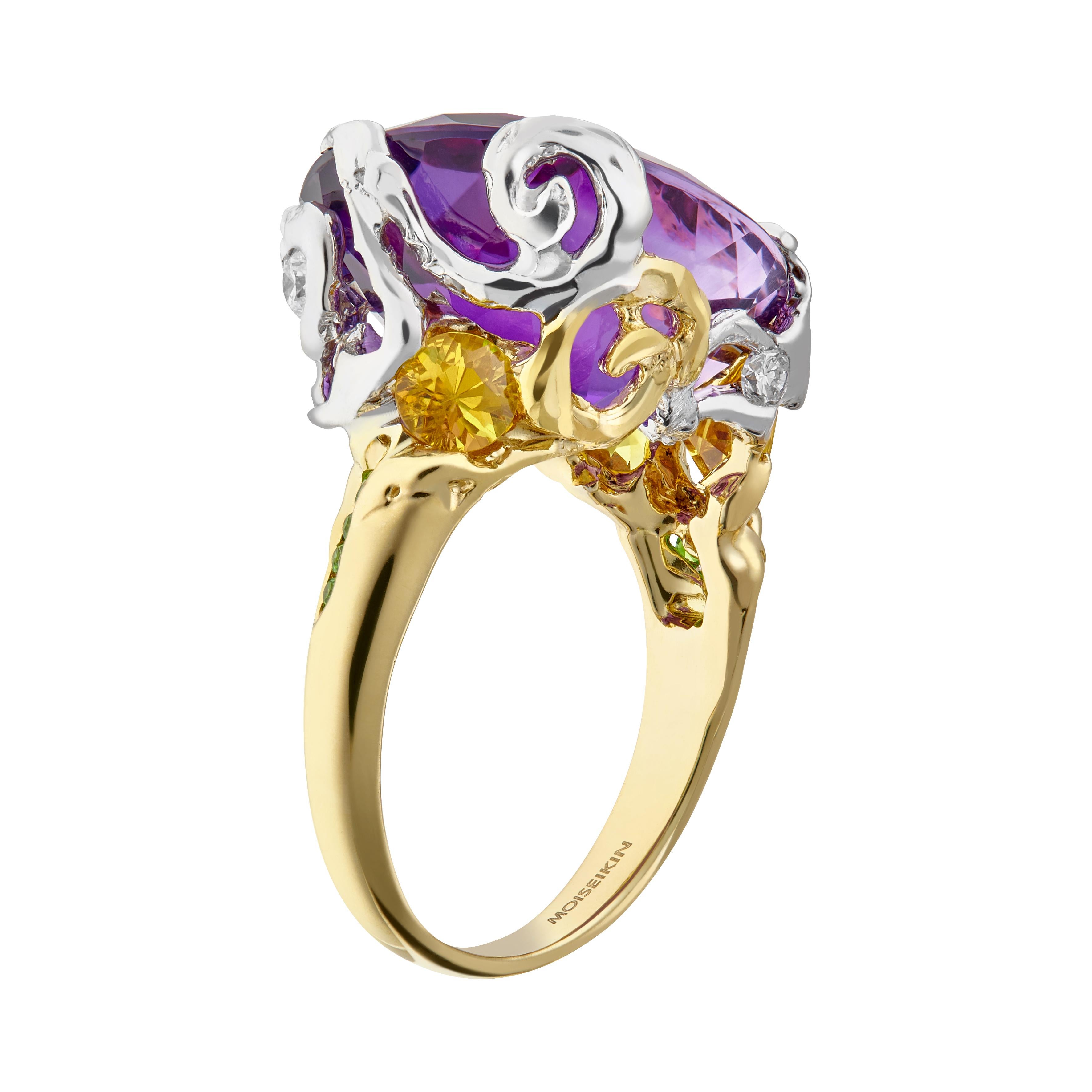 Moiseikin 18 Karat Gold Sibirischer Amethyst Demantoid Mode Ring (Zeitgenössisch) im Angebot