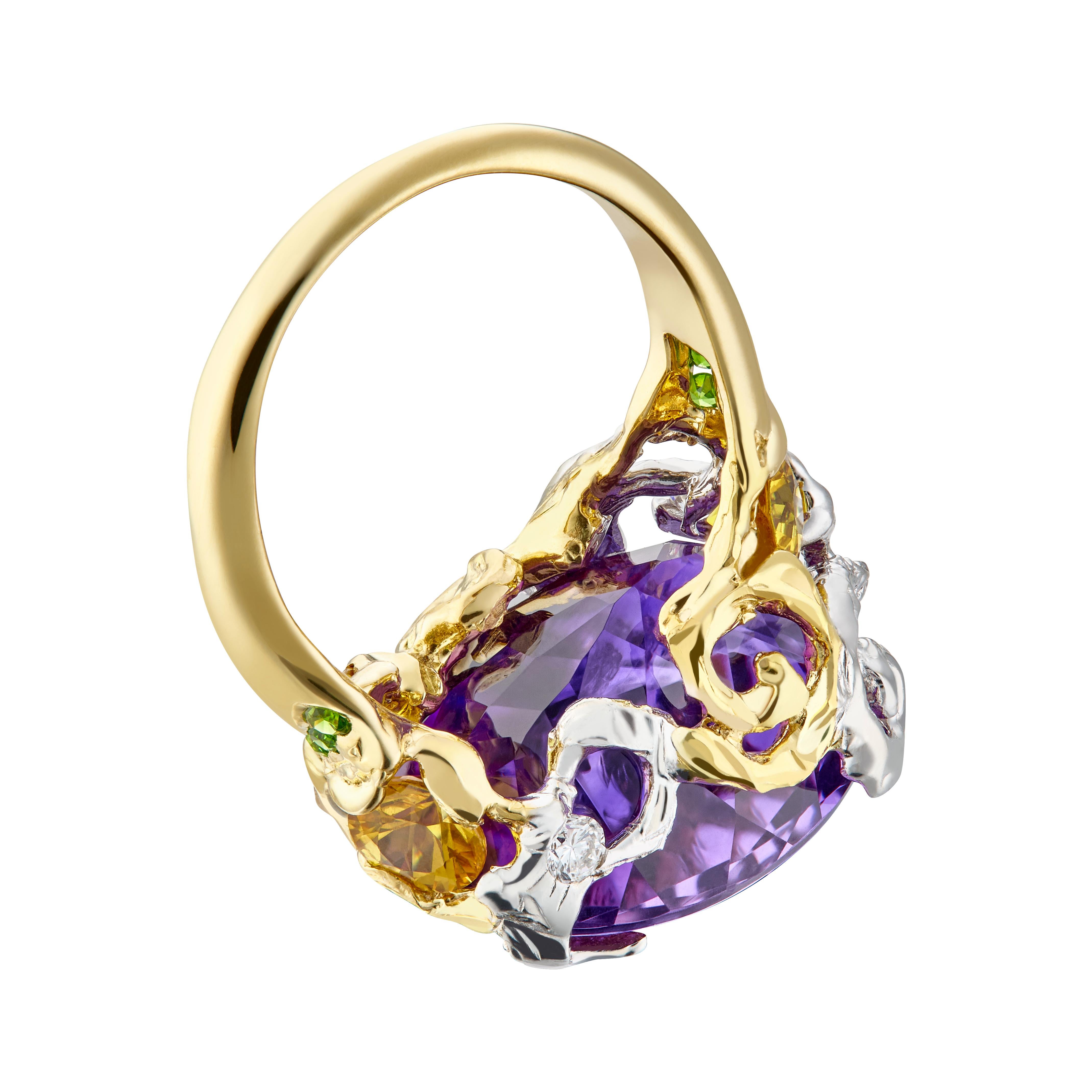 Moiseikin 18 Karat Gold Sibirischer Amethyst Demantoid Mode Ring (Ovalschliff) im Angebot