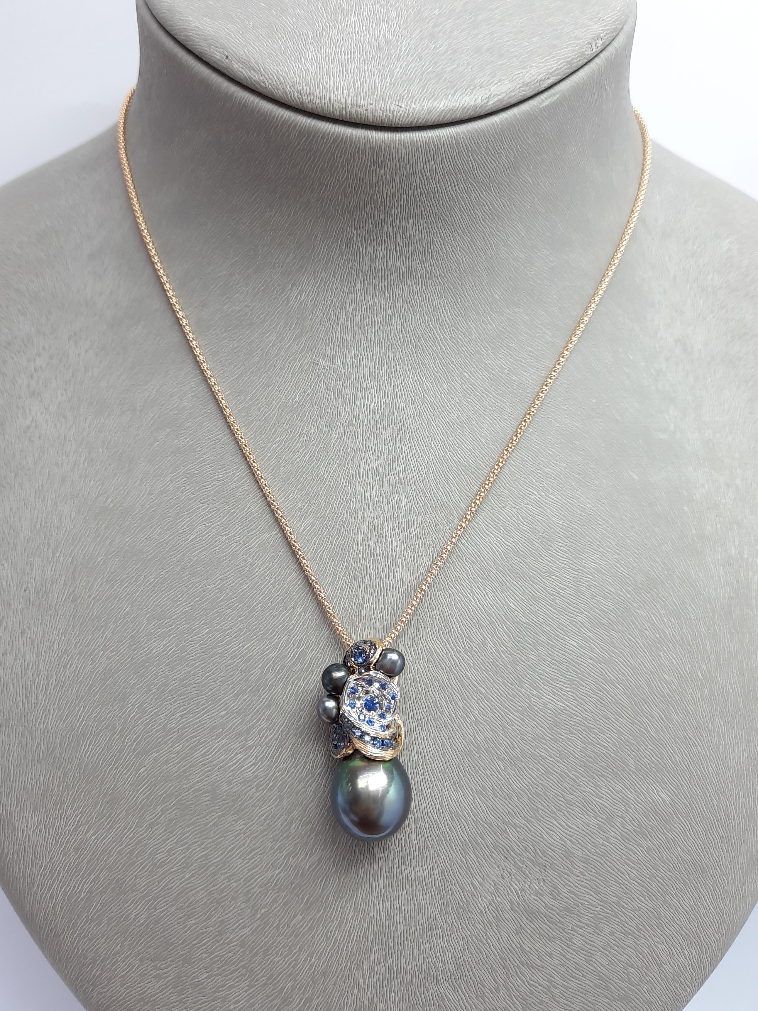 Contemporary Moiseikin 18 Karat Gold Tahitian Pearl and Sapphire Handmade Pendant For Sale