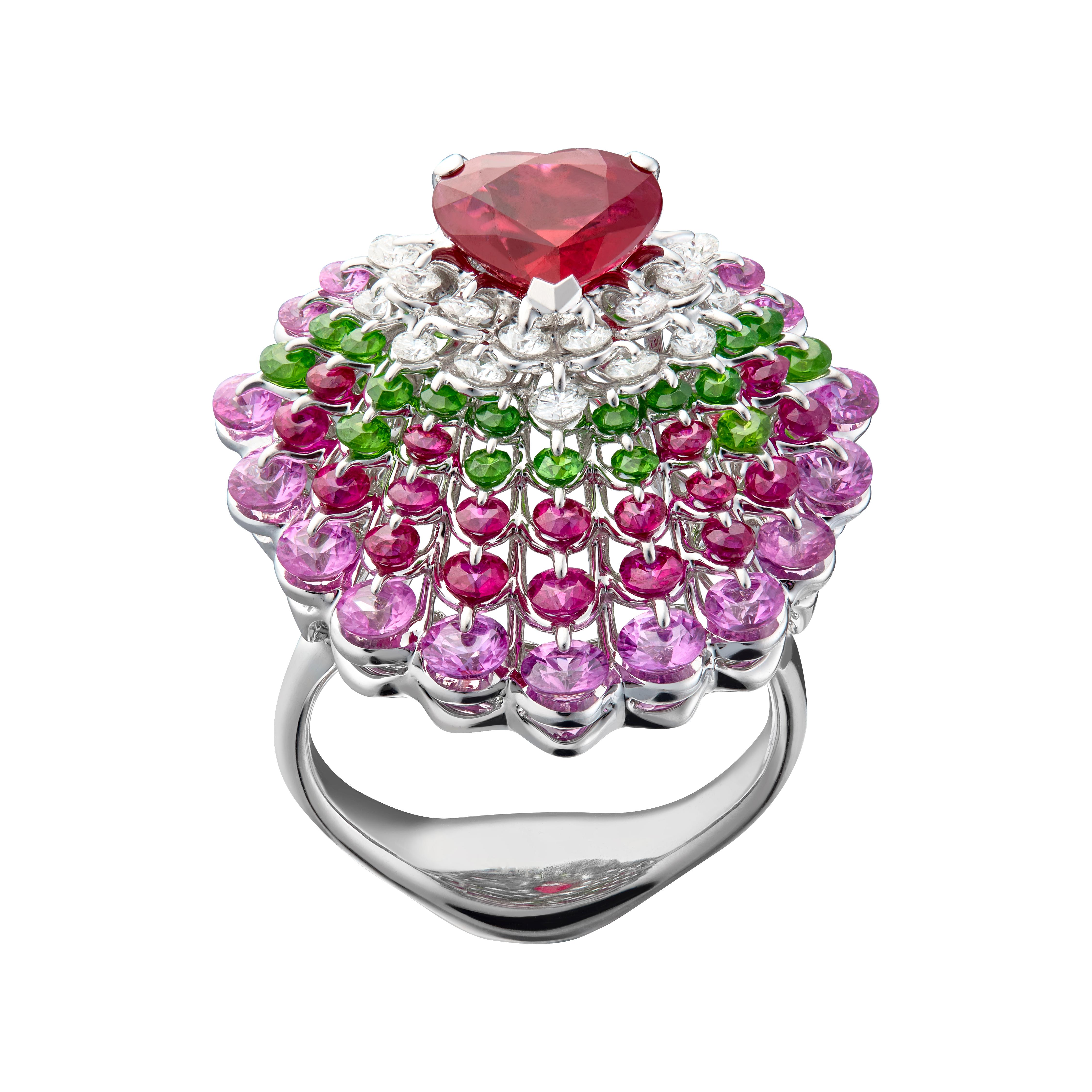 2-carat heart-shaped Ruby from Burma origin is mounted in a graceful peacock design. Its colourful feathers contain flawless diamonds, rare Russian demantoid garnets, and feminine pink sapphires, using the patented Waltzing Brilliance technology in