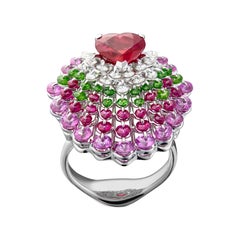 Moiseikin 18K White Gold 2ct Heart Shape Ruby Demantoid Peacock Cocktail Ring