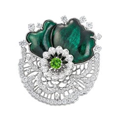 Moiseikin 18K White Gold Diamond Demantoid Malachite Brooch