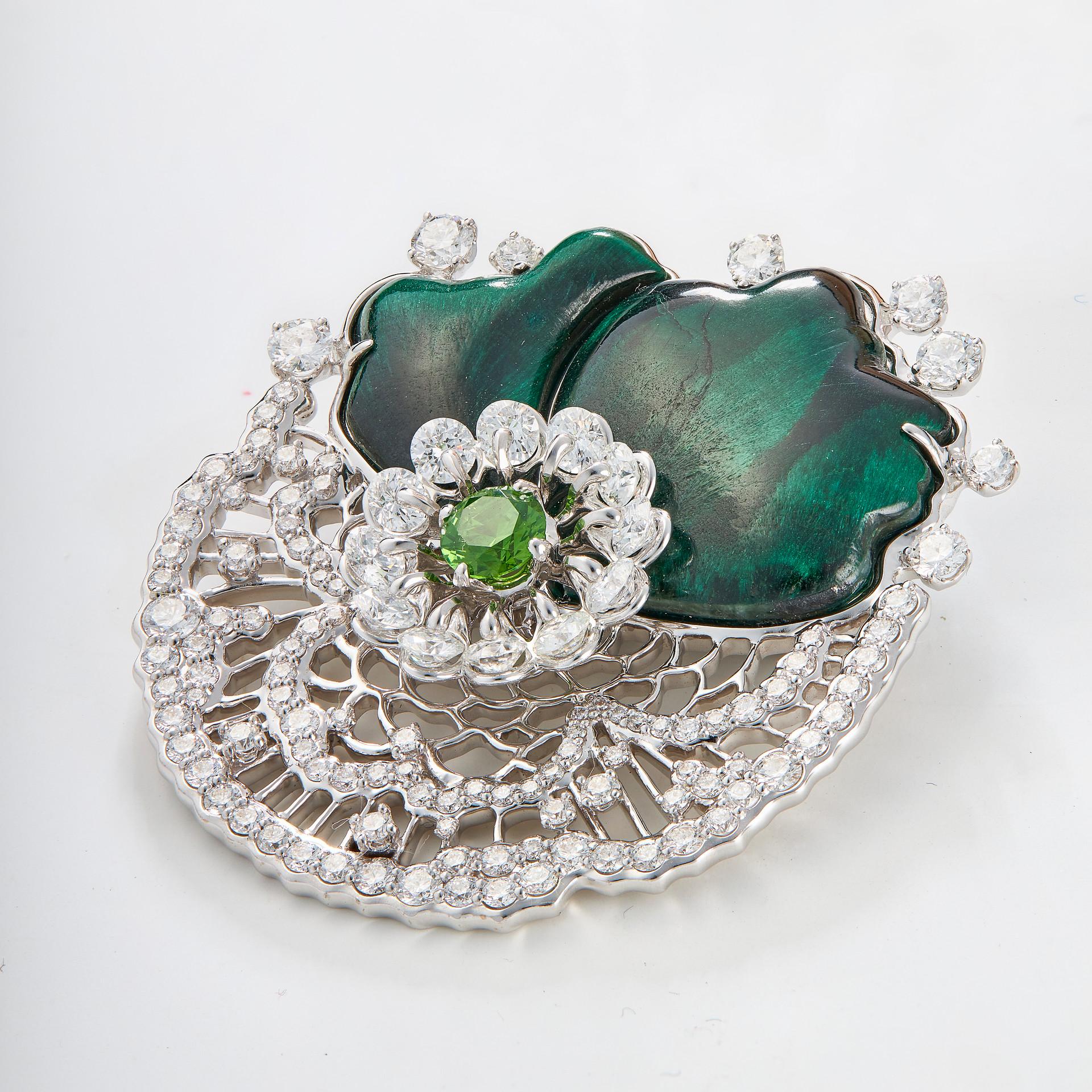 Contemporary Moiseikin 18K White Gold Diamond Demantoid Malachite Brooch For Sale