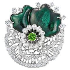 Moiseikin 18K White Gold Diamond Demantoid Malachite Brooch