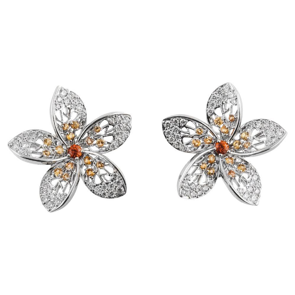 MOISEIKIN 18K White Gold Diamond Plumeria Flower Earrings For Sale