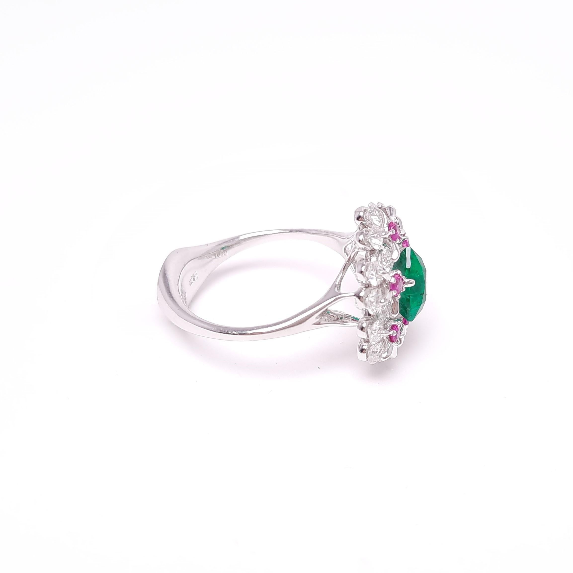 Contemporary MOISEIKIN 18K White Gold Diamond Russian Emerald Floral Ring For Sale