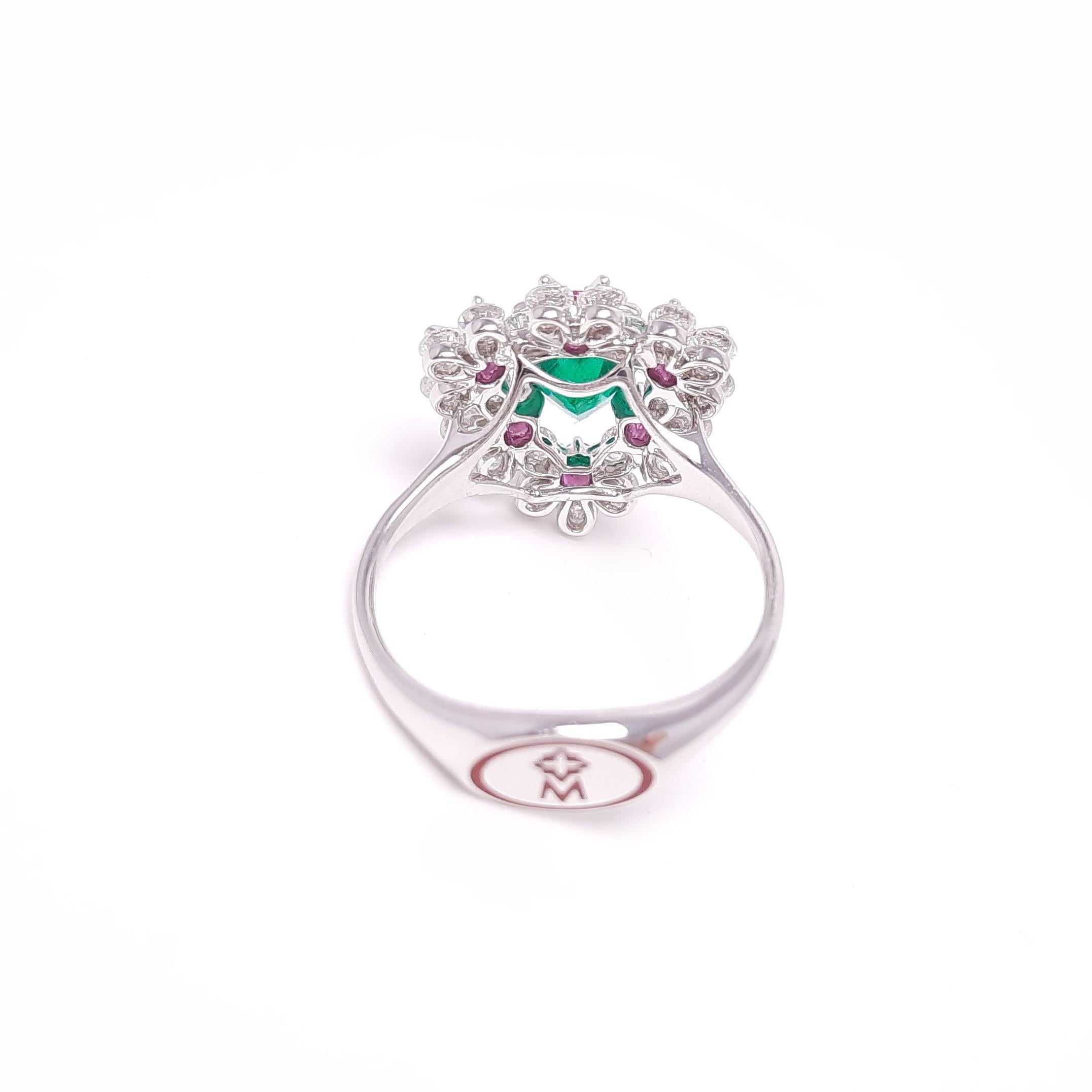 Trillion Cut MOISEIKIN 18K White Gold Diamond Russian Emerald Floral Ring For Sale