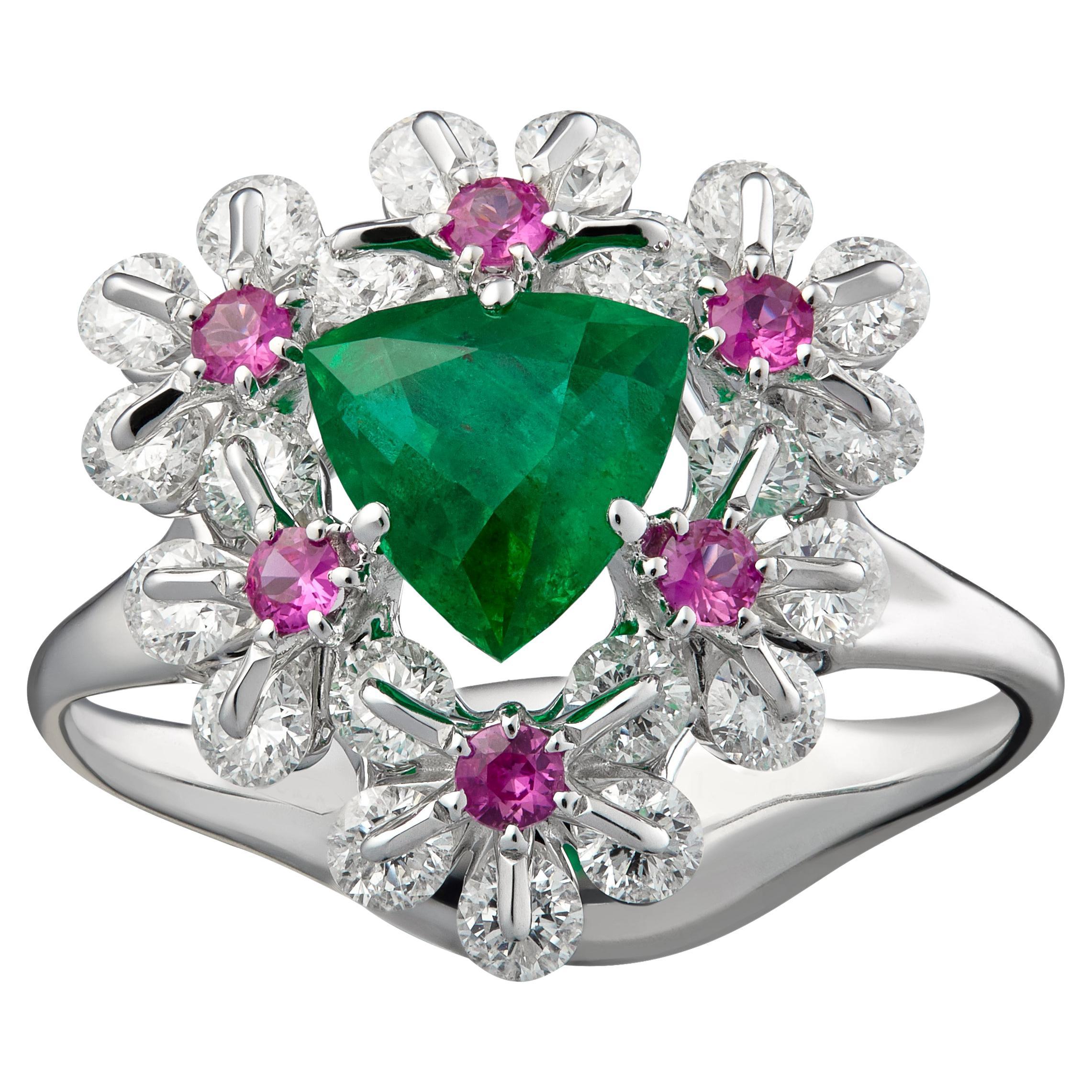 MOISEIKIN 18K White Gold Diamond Russian Emerald Floral Ring For Sale