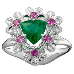 MOISEIKIN 18K White Gold Diamond Russian Emerald Floral Ring