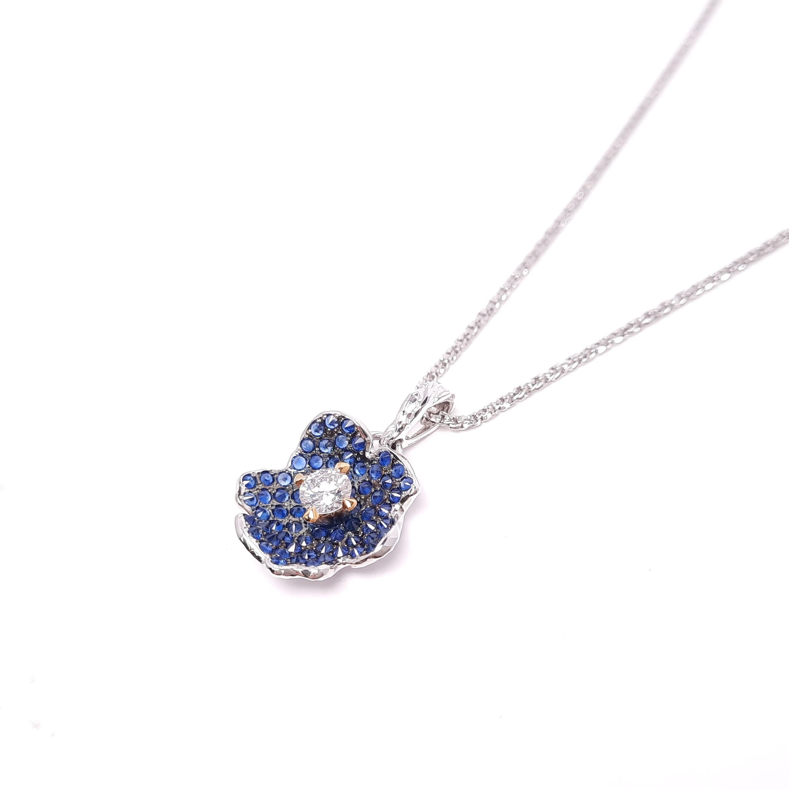 Contemporary Moiseikin 18K White Gold Diamond Sapphire Flower Pendant For Sale