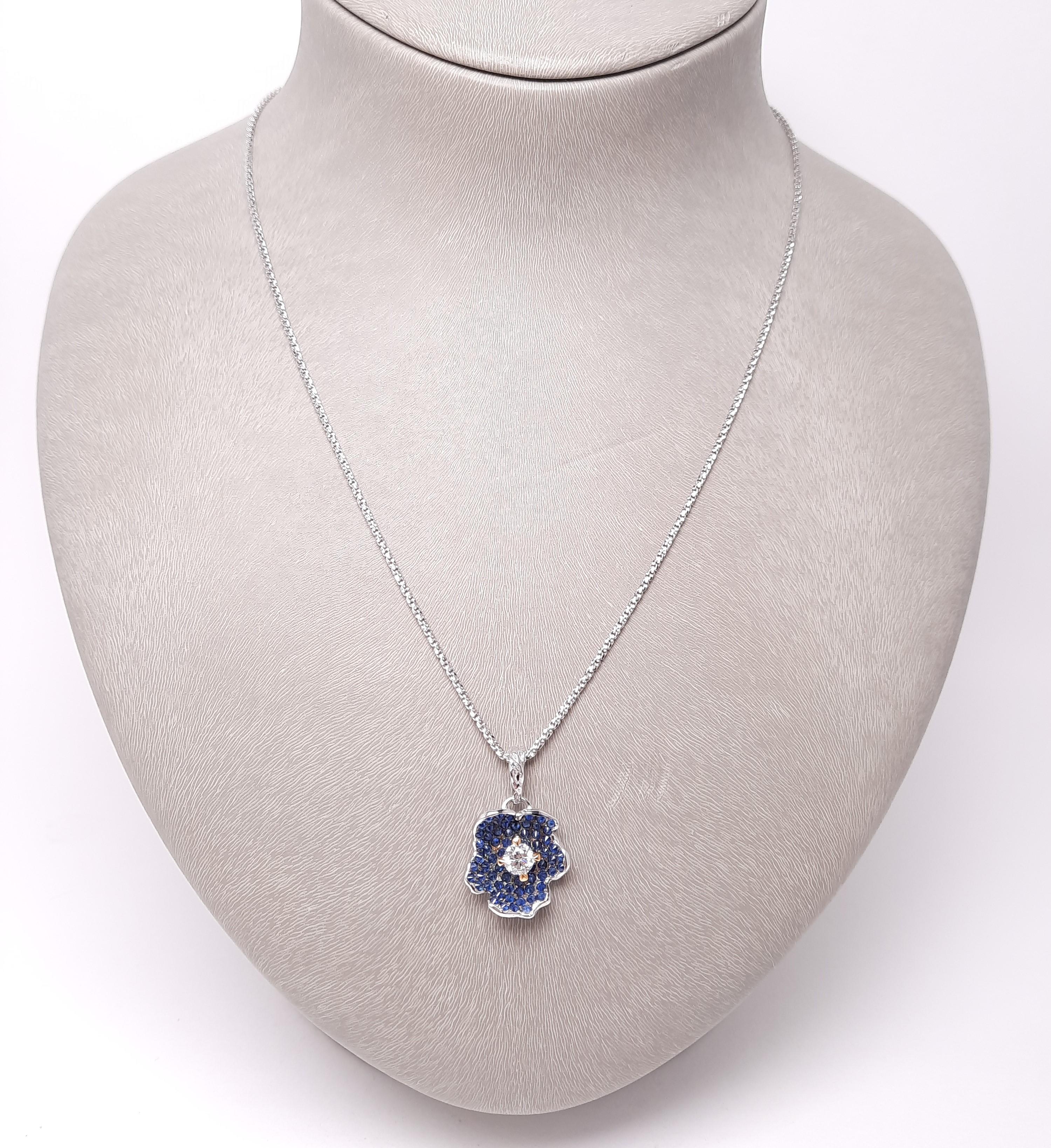 Women's Moiseikin 18K White Gold Diamond Sapphire Flower Pendant For Sale