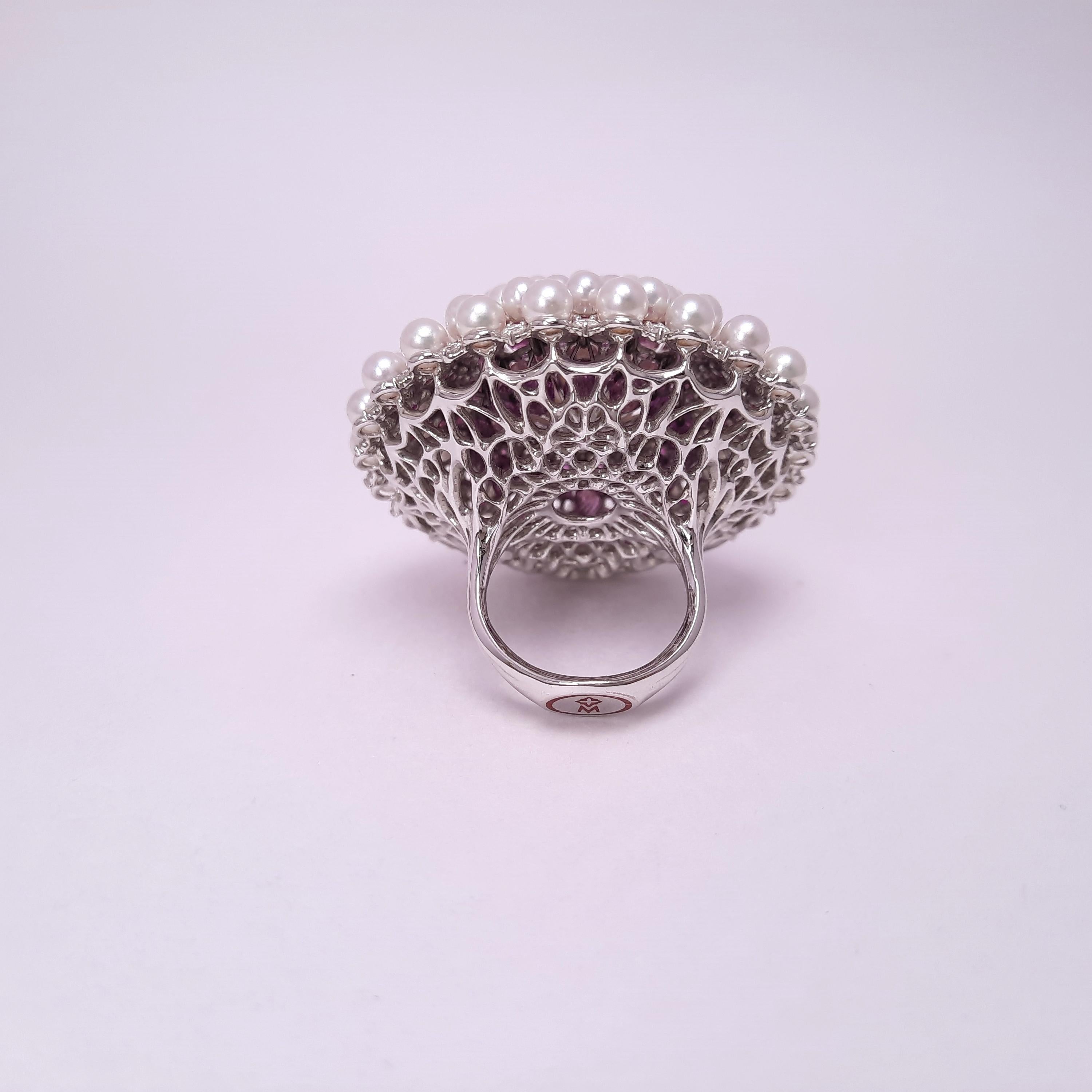 Round Cut MOISEIKIN 18K White Gold Pearl Diamond Sapphire Cocktail Ring For Sale