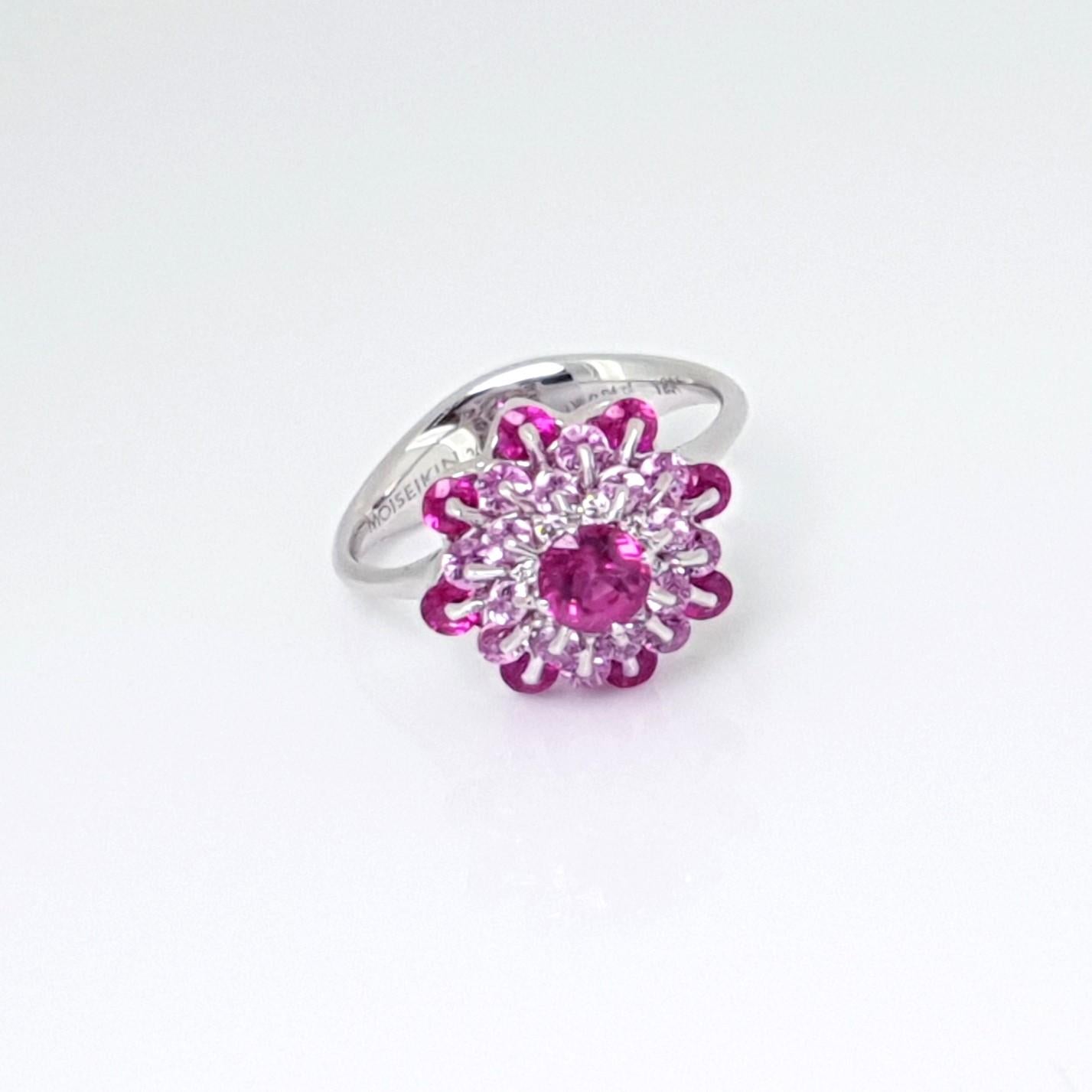 Round Cut MOISEIKIN 18K White Gold Pink Sapphire Diamond Ring