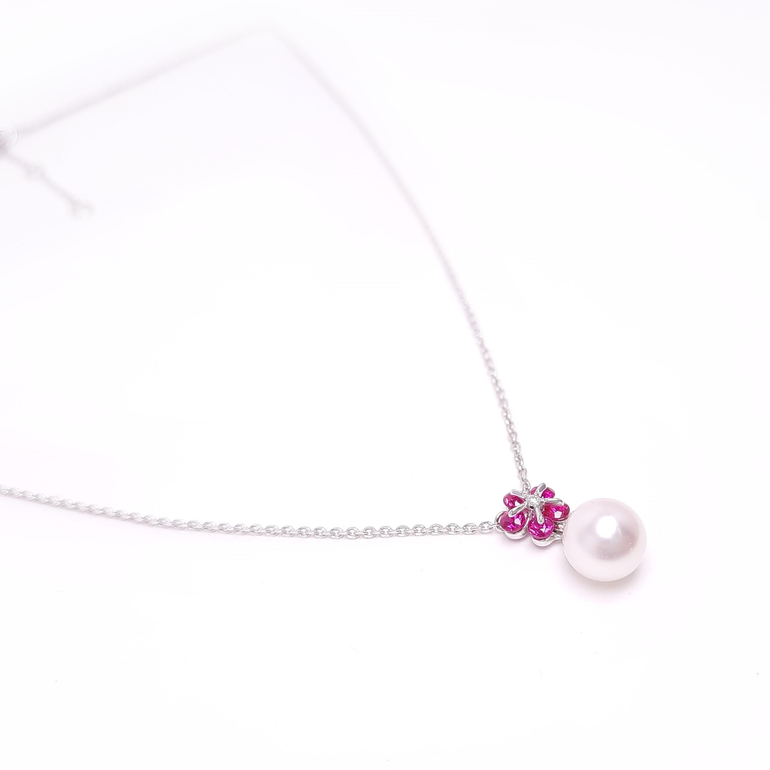 Contemporary MOISEIKIN 18K White Gold Ruby Akoya Pearl Flower Necklace, Promotion
