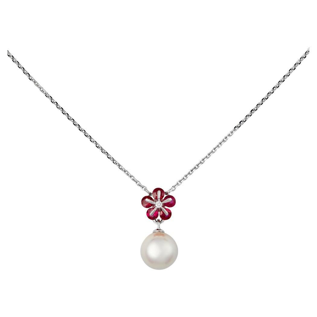 MOISEIKIN 18K White Gold Ruby Akoya Pearl Flower Necklace, Promotion