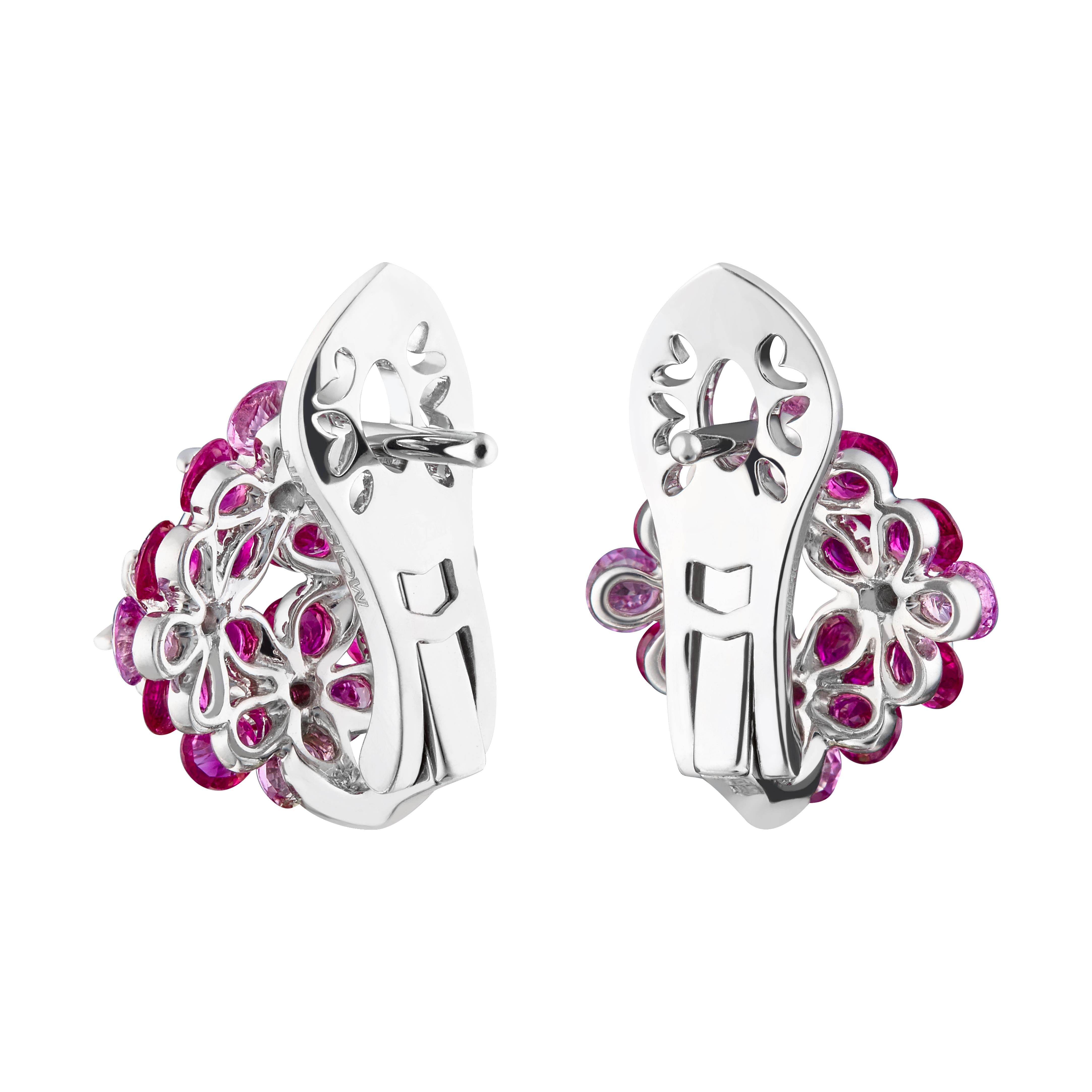 The innovative Russian setting Waltzing Brilliance breaths life into a jewel, making the earring more airy and sparkling!
Diamond-cut ruby graduations are mounted in a delicate flower design. Thanks to the innovation, the stones tremble and rotate