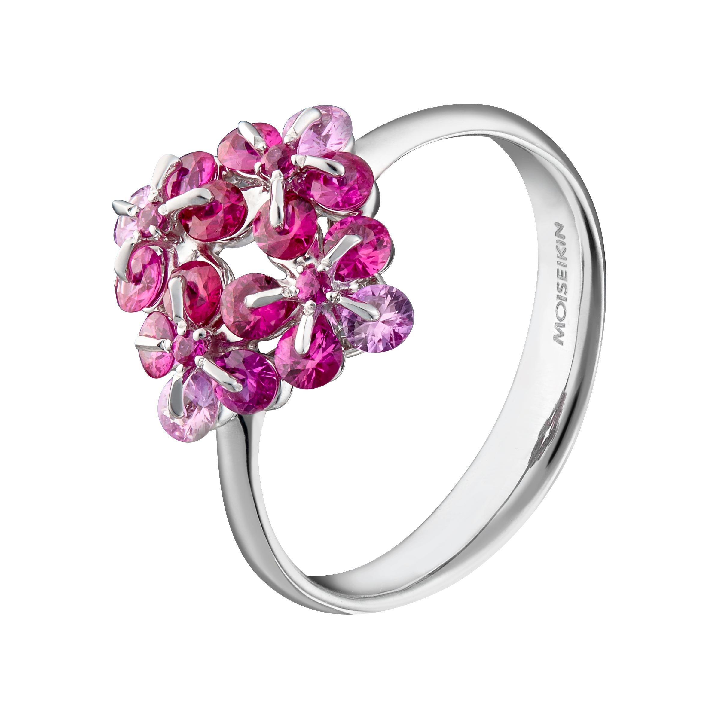 The innovative Russian setting Waltzing Brilliance breaths life into a jewel, making the ring more airy and sparkling!
Diamond-cut ruby graduations are mounted in a delicate flower design. Thanks to the innovation, the stones tremble and rotate as