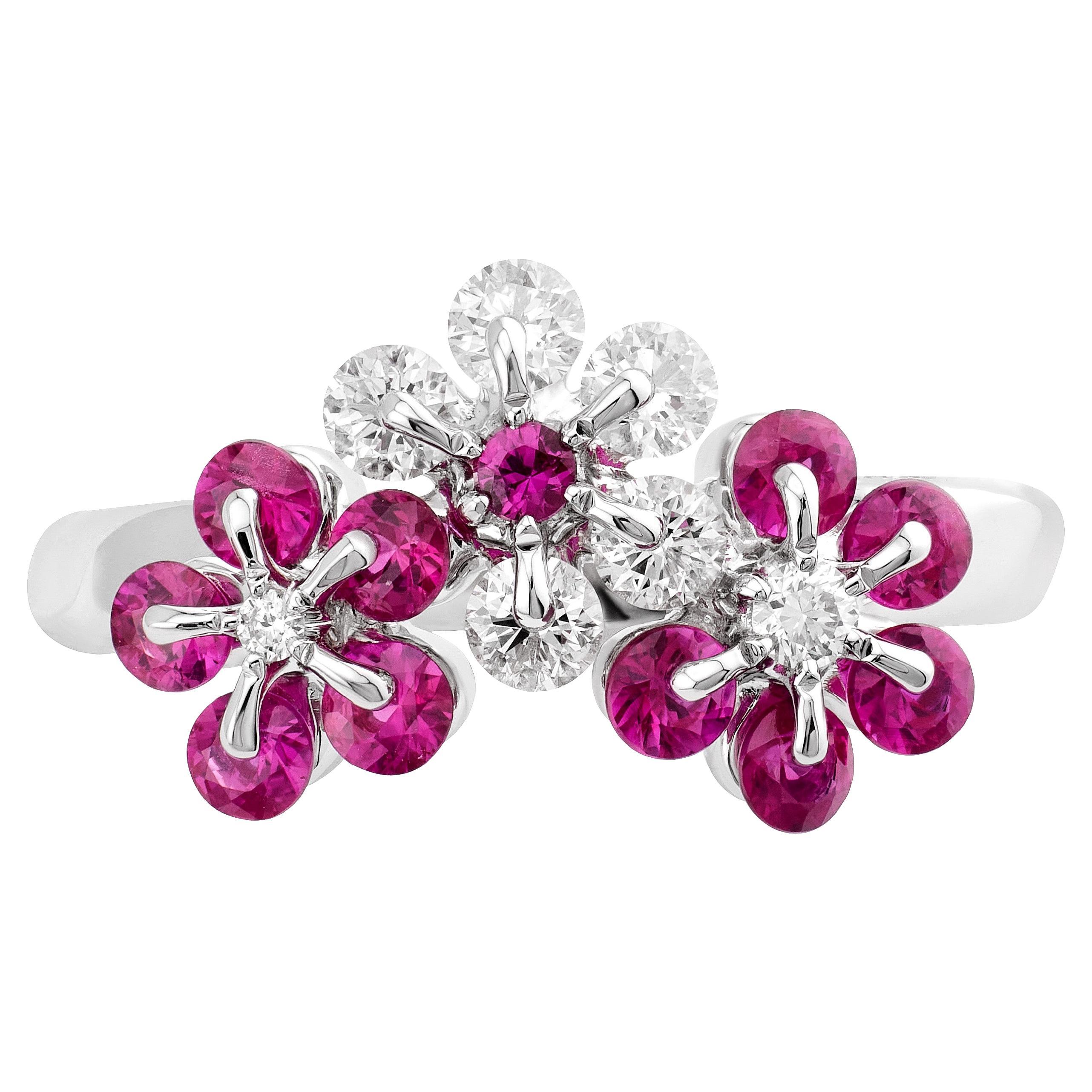 Anello floreale con diamante e rubino in oro bianco 18 carati MOISEIKIN in vendita