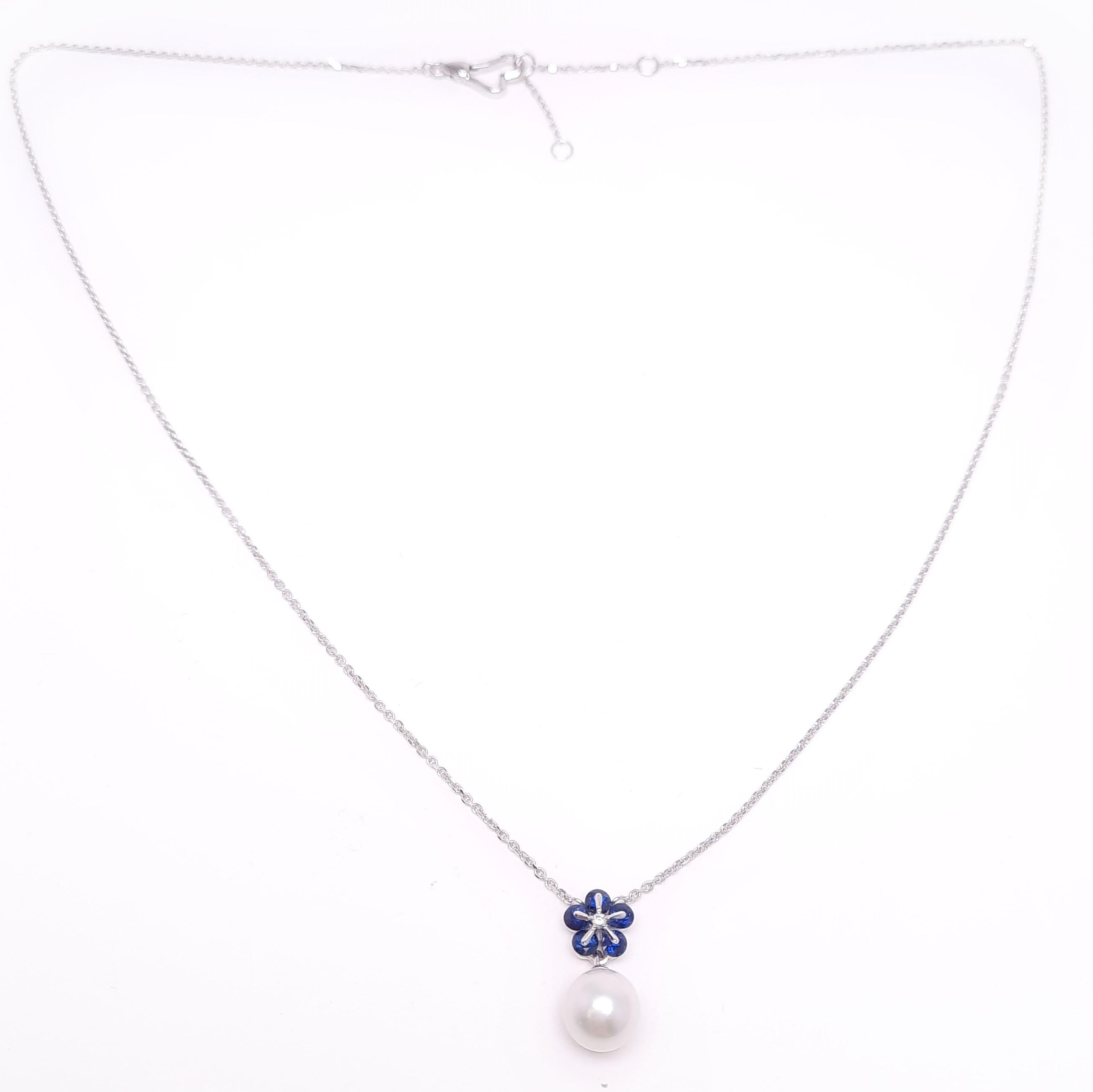 Pearls jewellery always suit any occasion.
This necklace is made of 18K white gold, lustrous 7-7.5mm Akoya pearl (AA grade+) from Japan, and diamond cut blue sapphires mounted in the modern Russian setting 