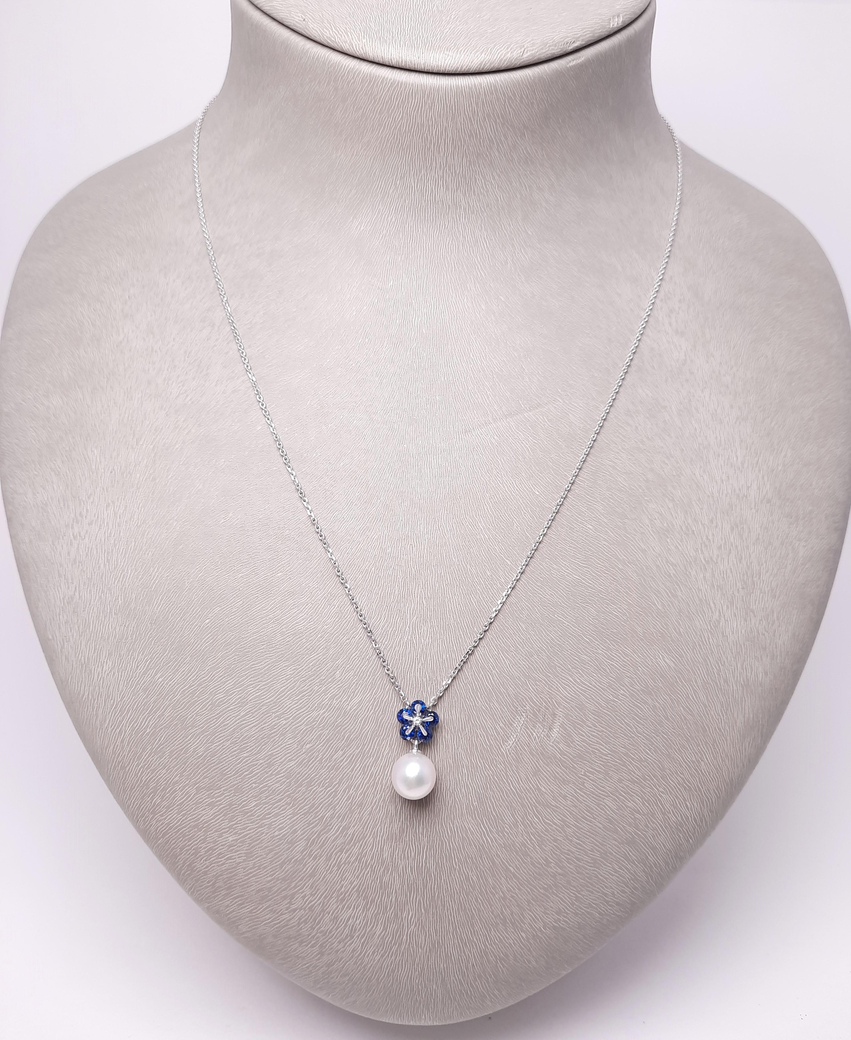 Women's MOISEIKIN 18K White Gold Sapphire Akoya Pearl Flower Necklace, Promotion For Sale