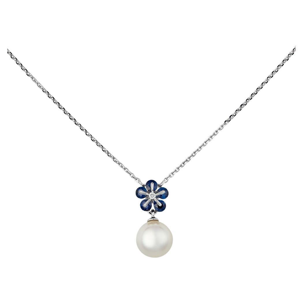 MOISEIKIN 18K White Gold Sapphire Akoya Pearl Flower Necklace, Promotion For Sale