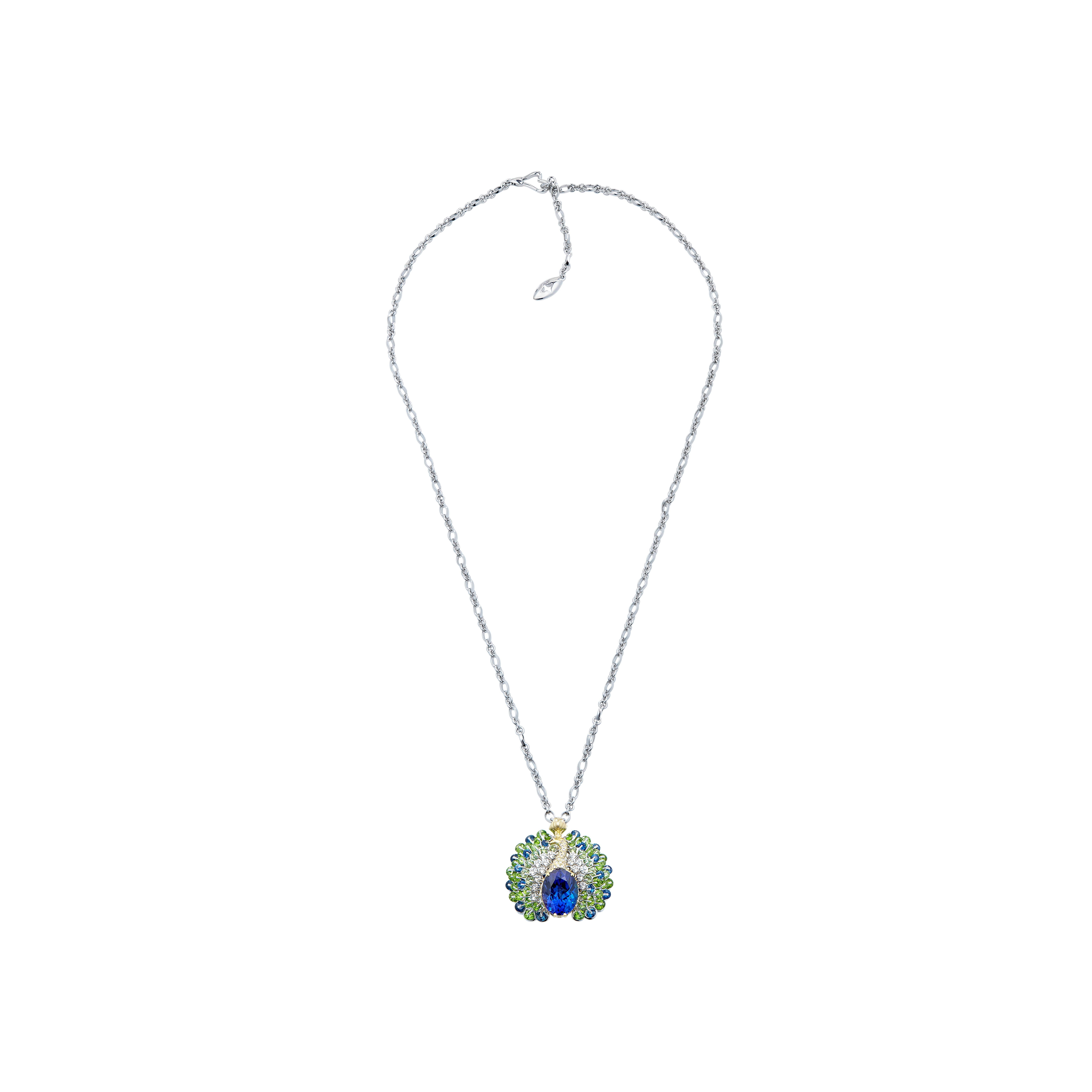 A vivid and clean 4ct Tanzanite is mounted in the innovative setting inspired by graceful peacock. Waltzing Brilliance technology is an innovative jewellery invention patented by Viktor Moiseikin, which a diamond facet gem is secured by two points: