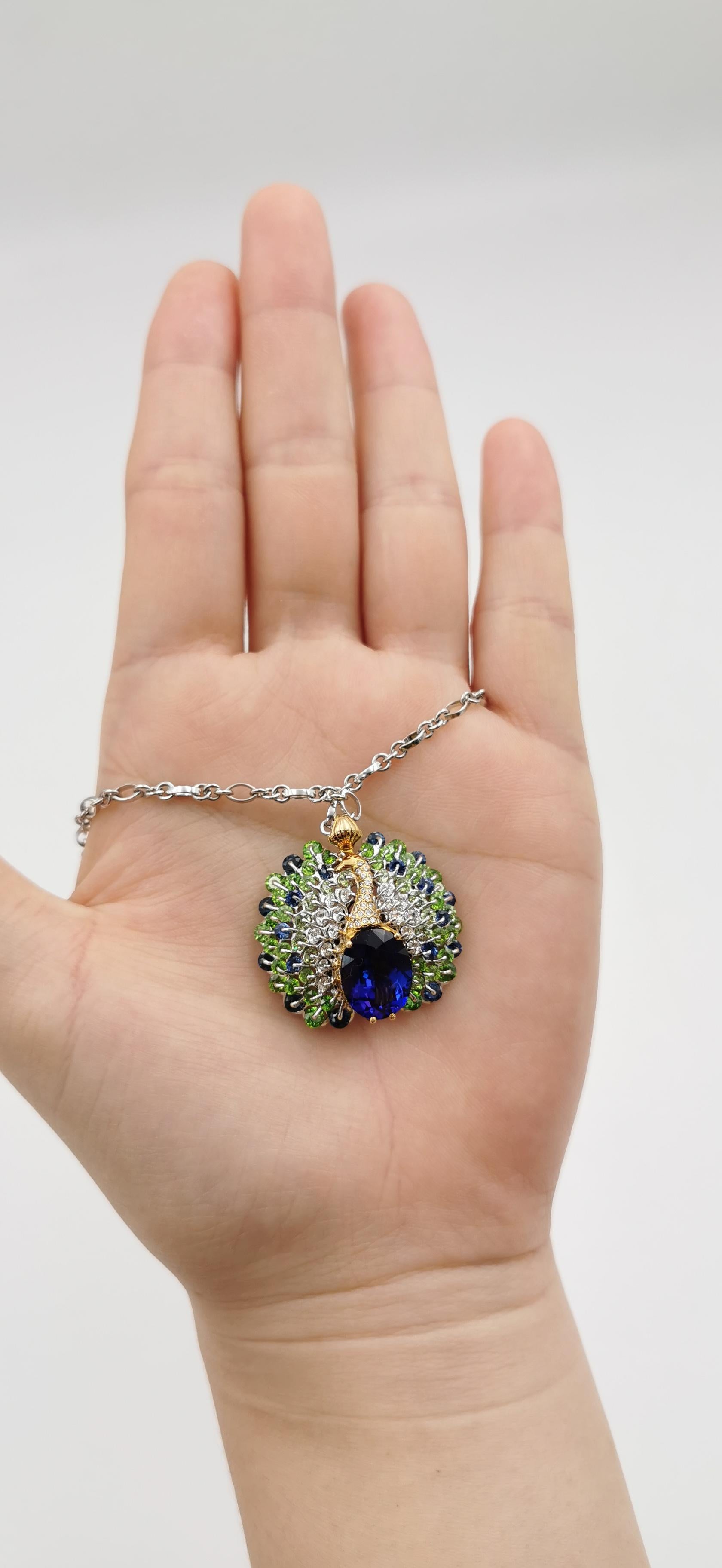 Contemporary Moiseikin 18 Karat Gold Tanzanite Diamond Sapphire Peacock Pendant Necklace