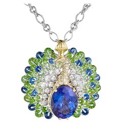 Moiseikin 18 Karat Gold Tanzanite Diamond Sapphire Peacock Pendant Necklace