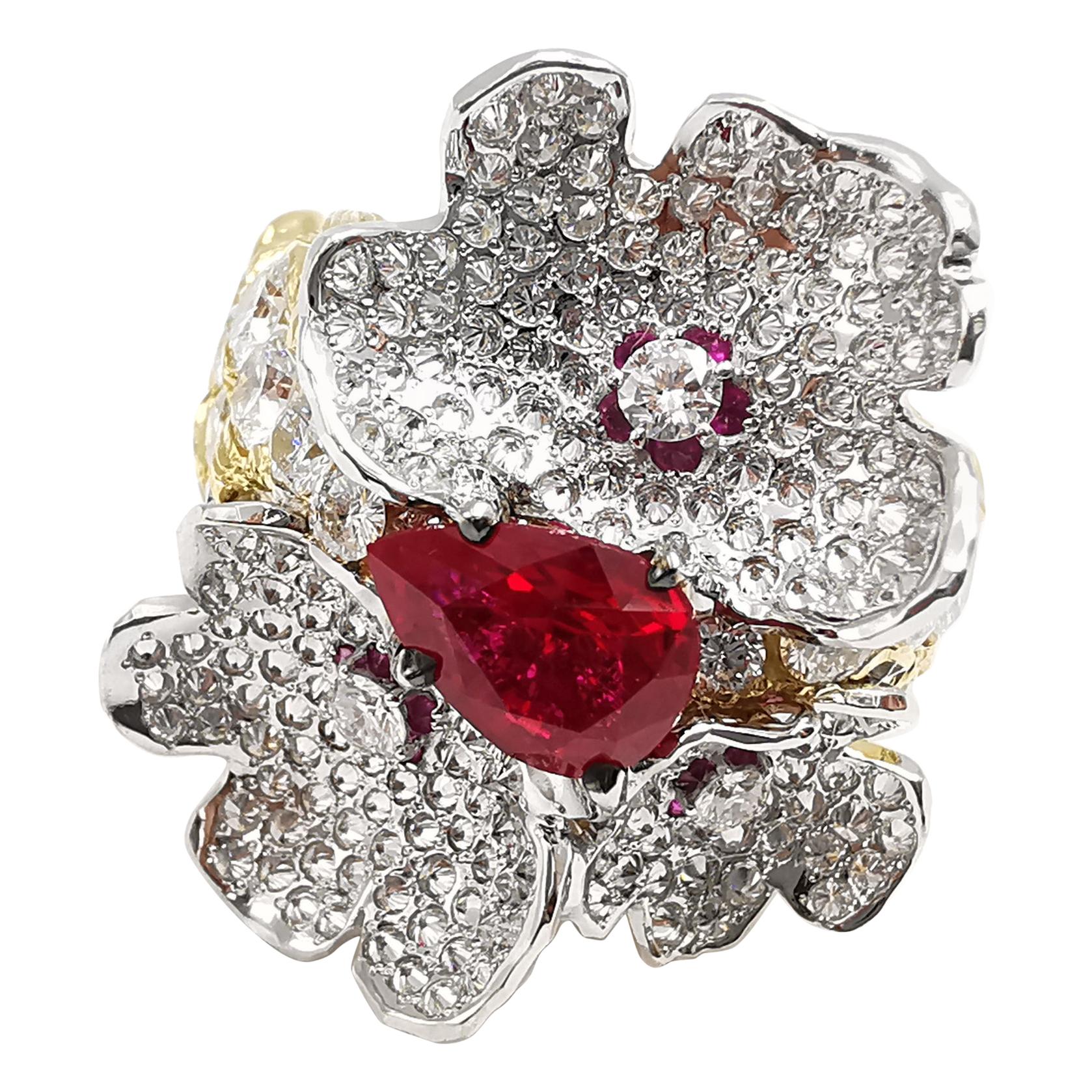 Moiseikin 18 Karat Gold Burmese Ruby White Diamond Flower Cocktail Ring For Sale