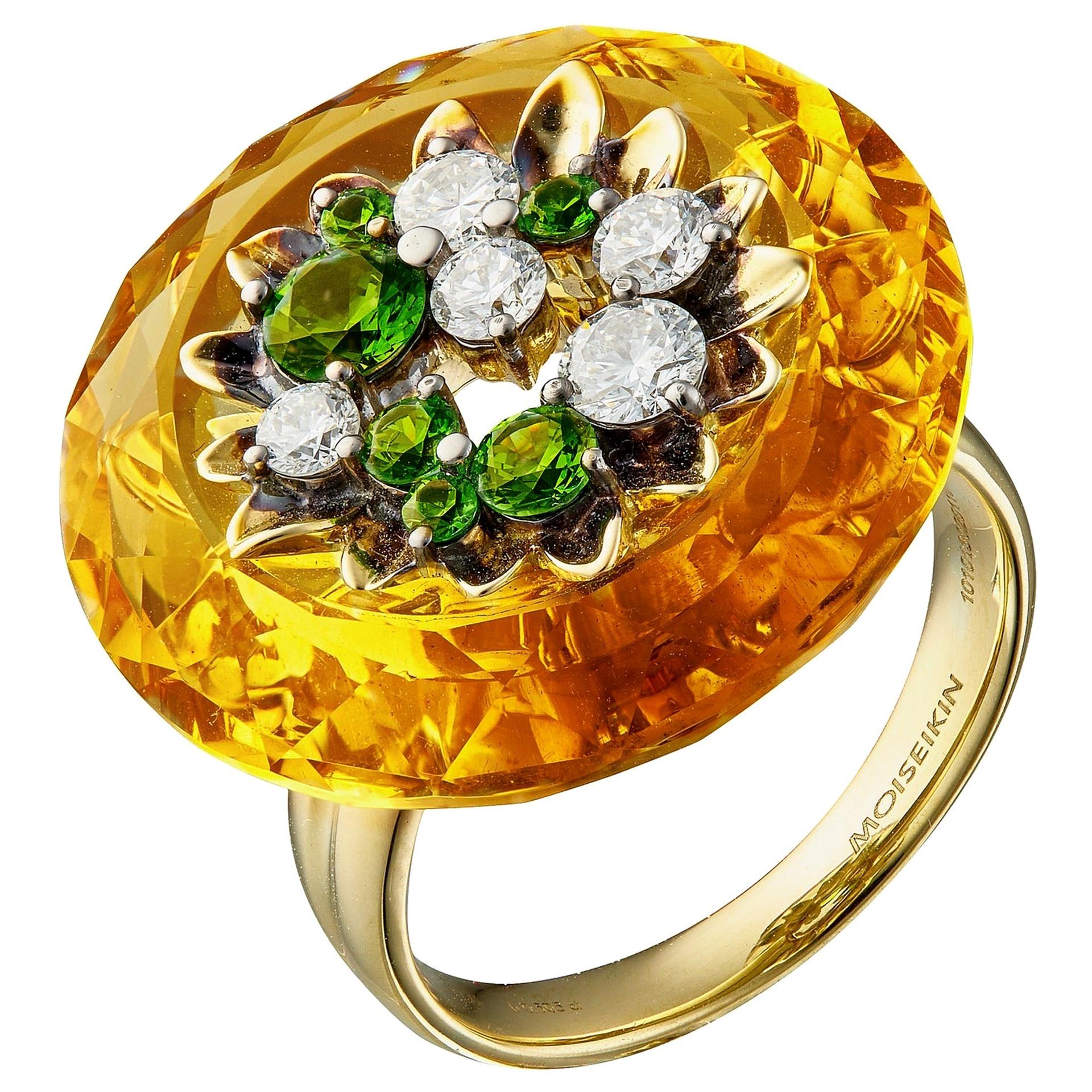 Moiseikin 18 Karat Gold Citrine Demantoid Garnet Sunflower Ring For Sale