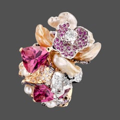 Moiseikin 18 Karat Gold Diamond Keshi Pearl Tourmaline Handmade Flower Ring