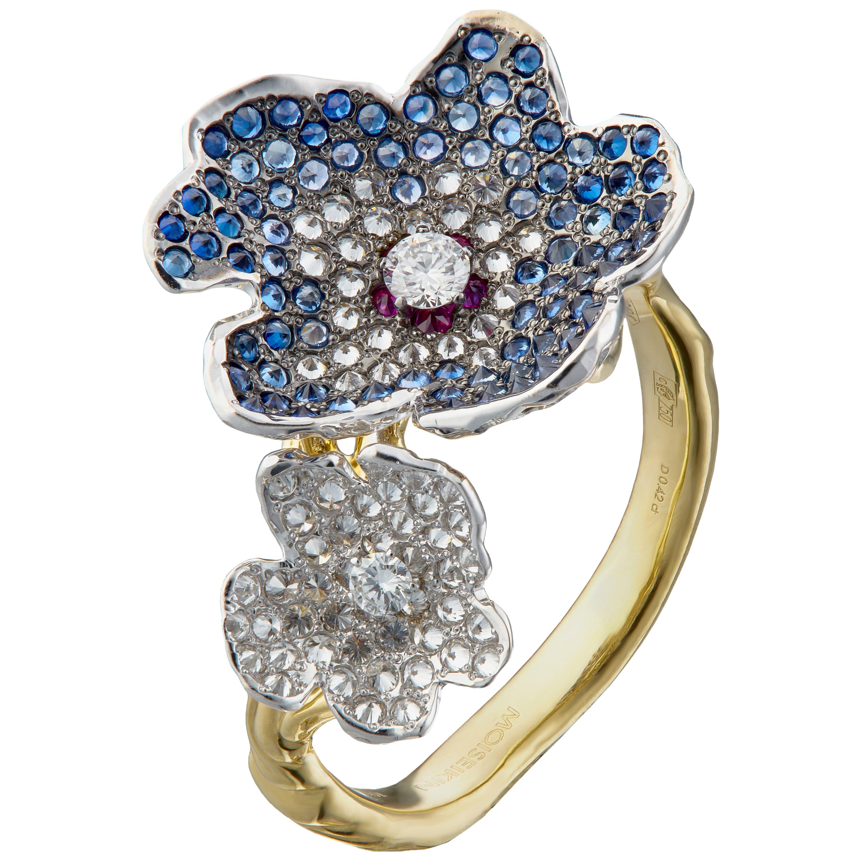 Moiseikin 18 Karat Gold Diamond Sapphire 2 Flower Ring