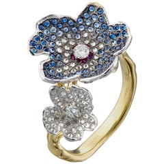 Moiseikin 18 Karat Gold Diamond Sapphire 2 Flower Ring