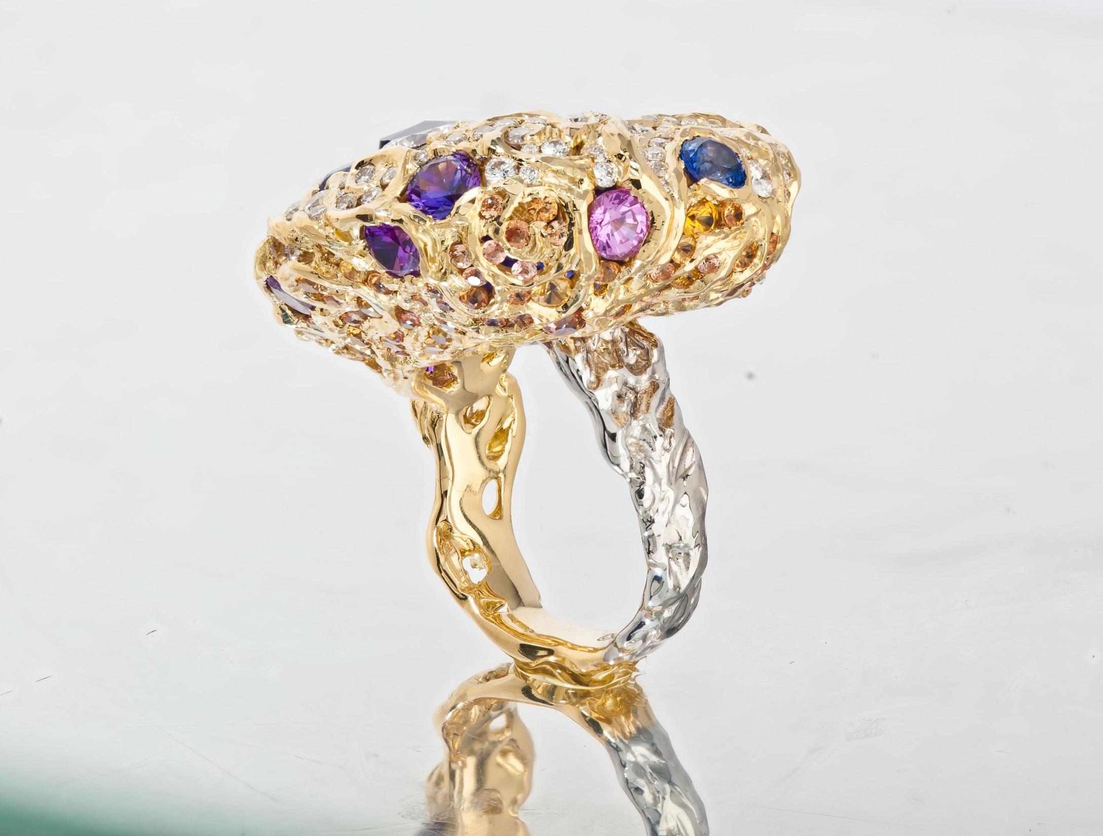 Contemporary Moiseikin 18 Karat Gold Tanzanite Diamond Sapphire Cocktail Ring, Handmade For Sale