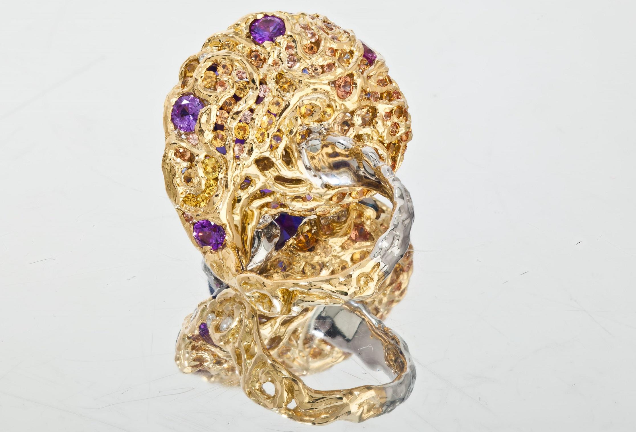 Oval Cut Moiseikin 18 Karat Gold Tanzanite Diamond Sapphire Cocktail Ring, Handmade For Sale