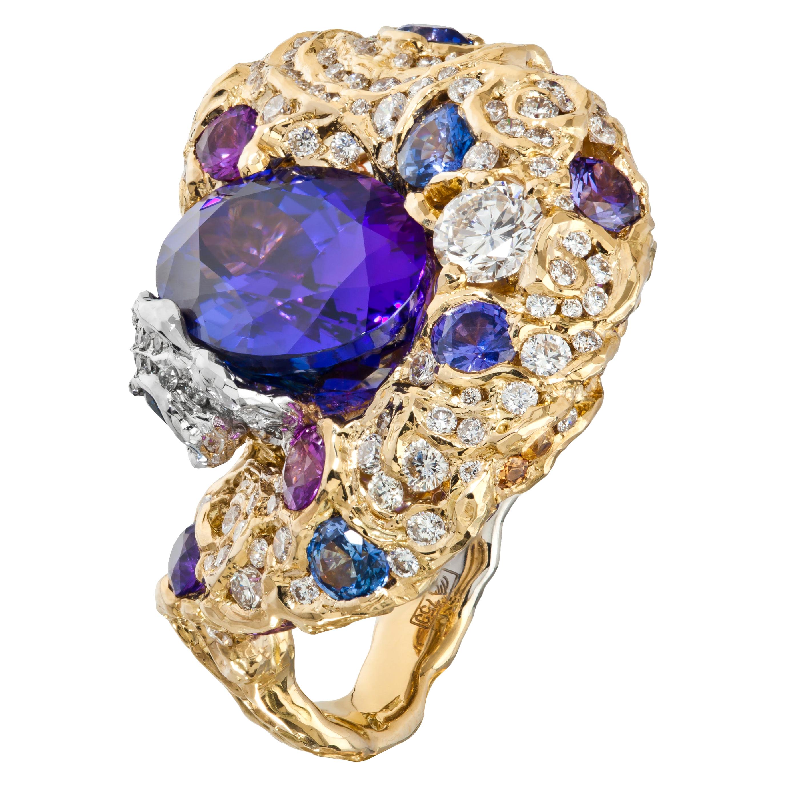 Moiseikin 18 Karat Gold Tanzanite Diamond Sapphire Cocktail Ring, Handmade For Sale