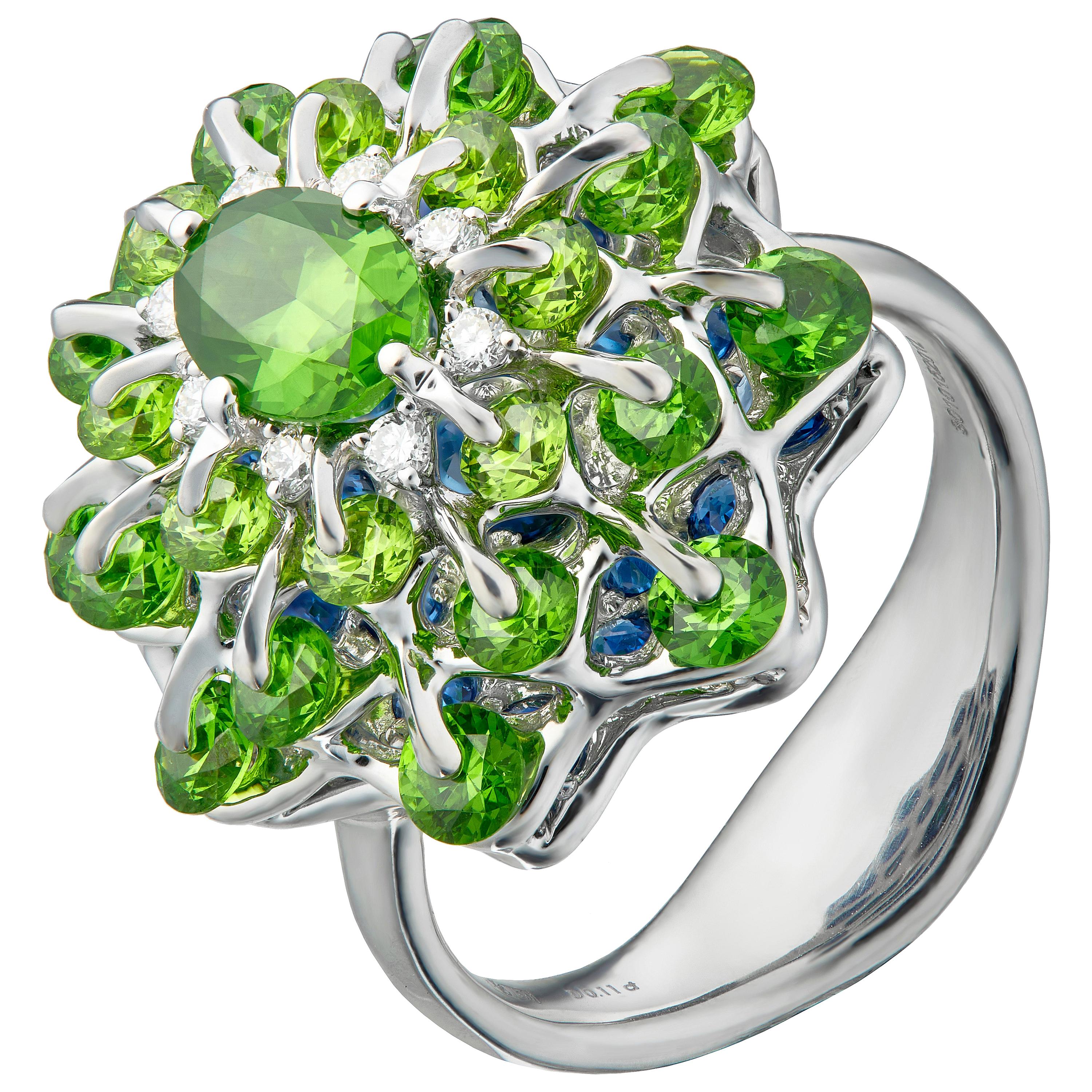 Moiseikin 18 Karat White Gold Demantoid Garnet Sapphire Cocktail Ring