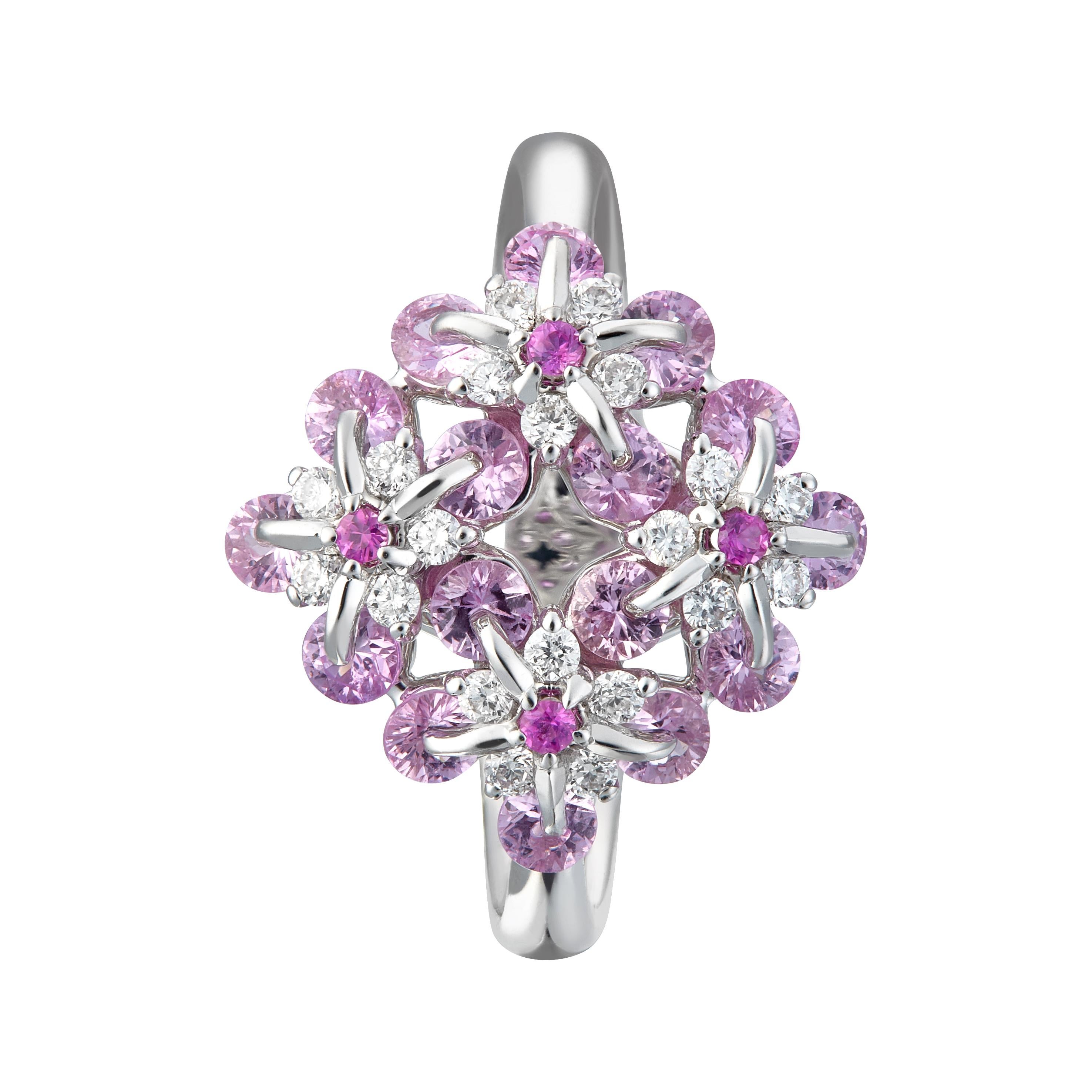 Symbol of rememberence and eternal love, Forget Me Not flower has become an everlasting flower made in 18karat white gold, diamonds and pink sapphires. Mounted in Waltzing Brilliance technology, this lively ring will be a precious rememberance  of 